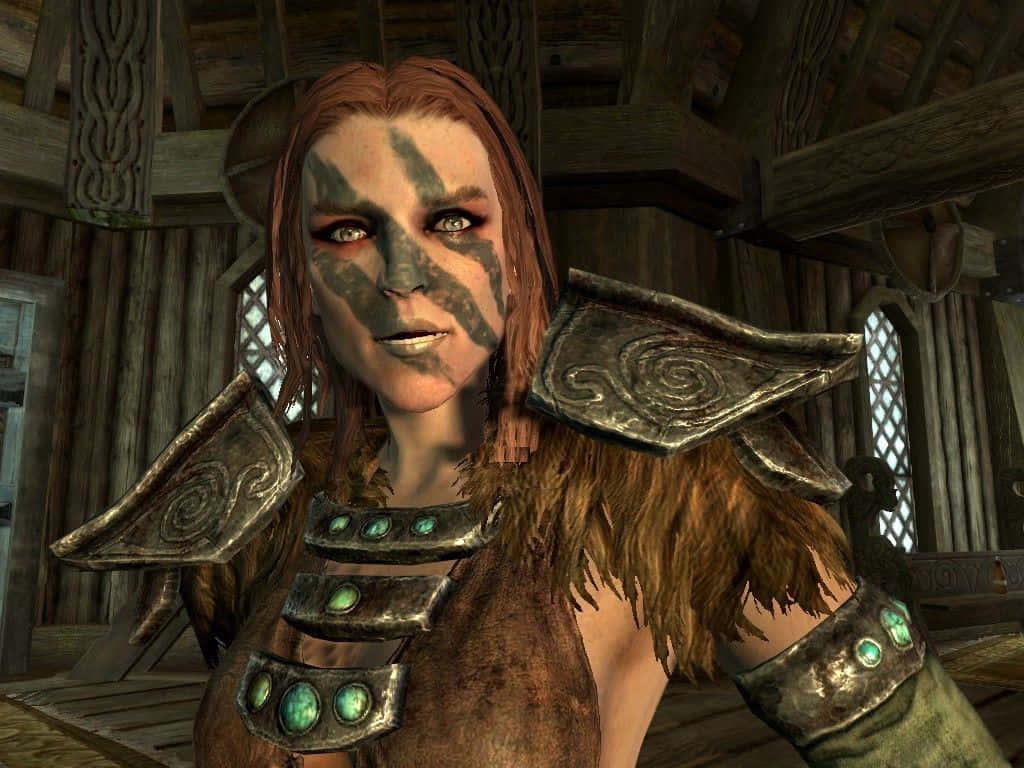 Aela The Huntress, tribal face paint, ornate armor, SD Desktop Wallpaper
