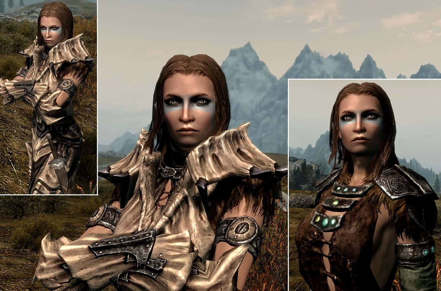 Aela The Huntress, ornate armor, misty mountains, HD Desktop Wallpaper