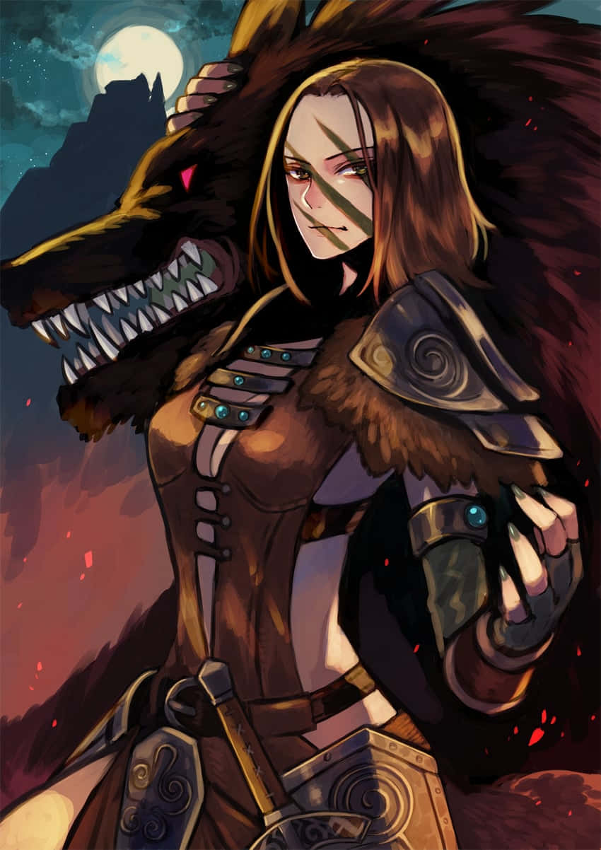 Aela The Huntress, wolf-headed companion, full moon, SD Phone Wallpaper