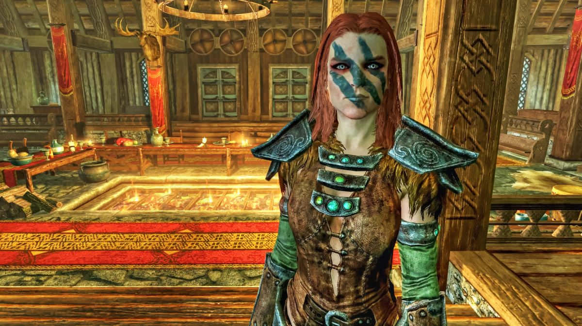 Aela The Huntress, blue face paint, ornate armor, SD Desktop Wallpaper