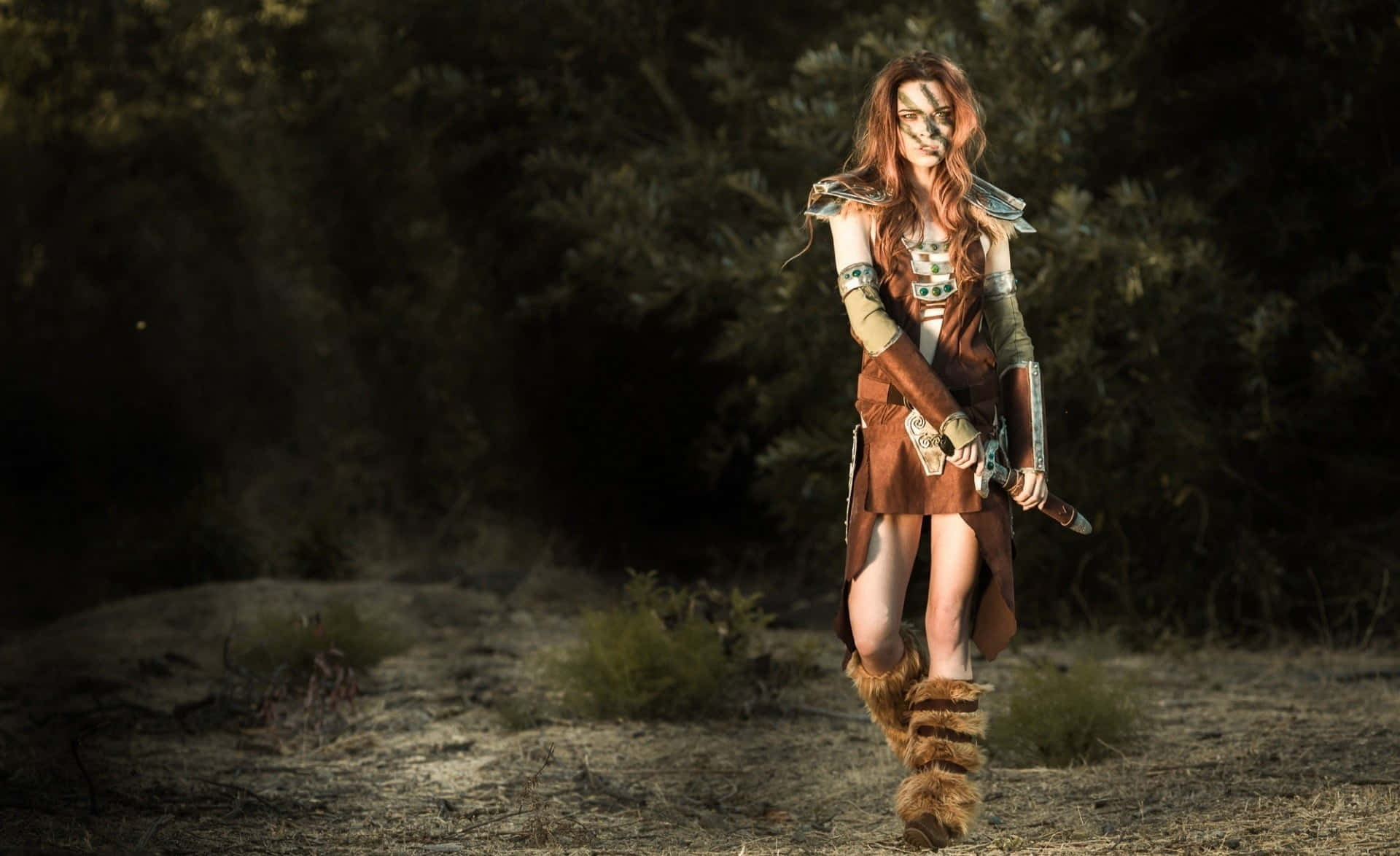 Aela The Huntress, red hair, tribal face paint, Full HD Desktop Wallpaper