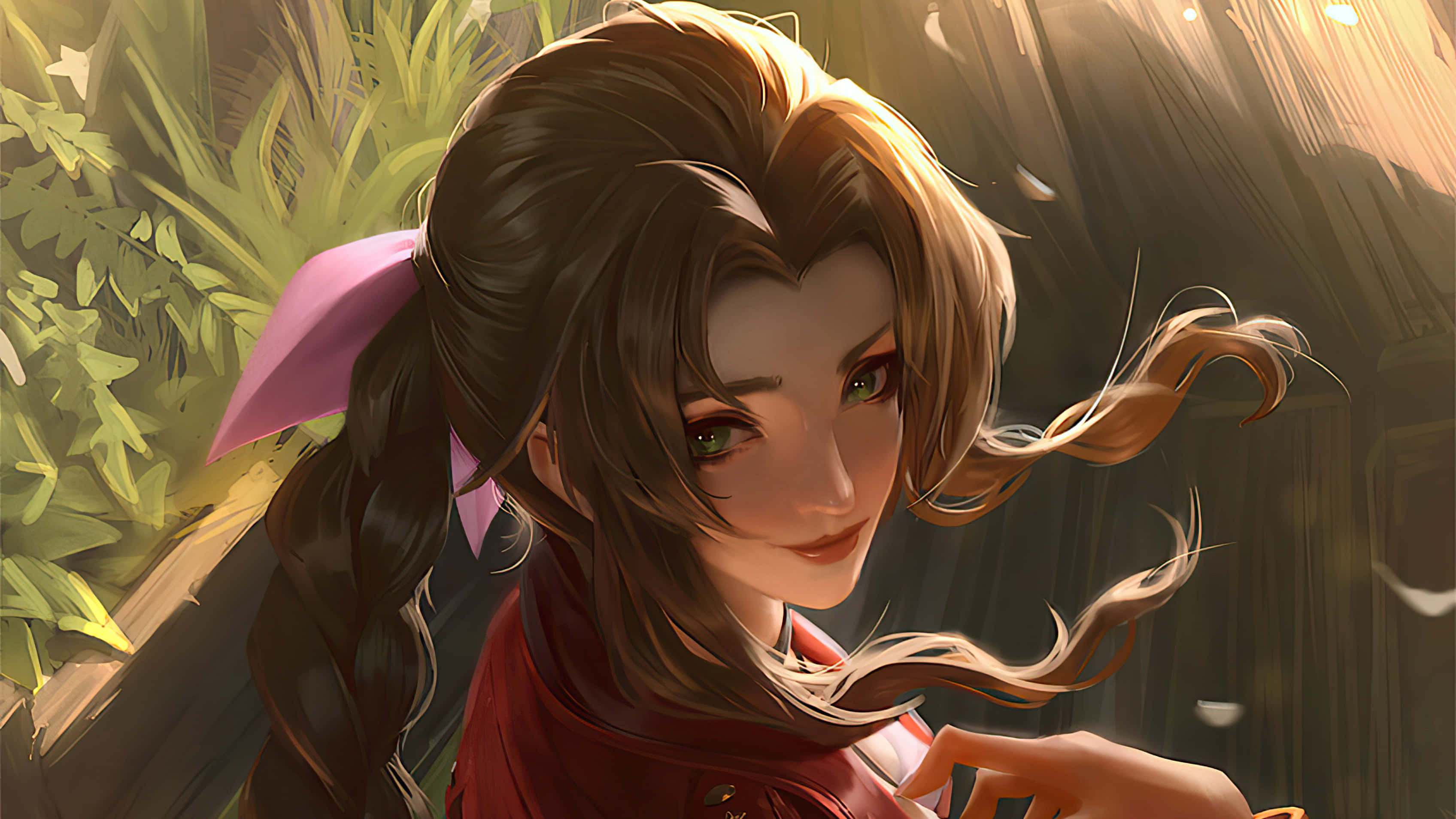 Aerith Gainsborough, brown hair, green eyes, 2K Desktop Wallpaper