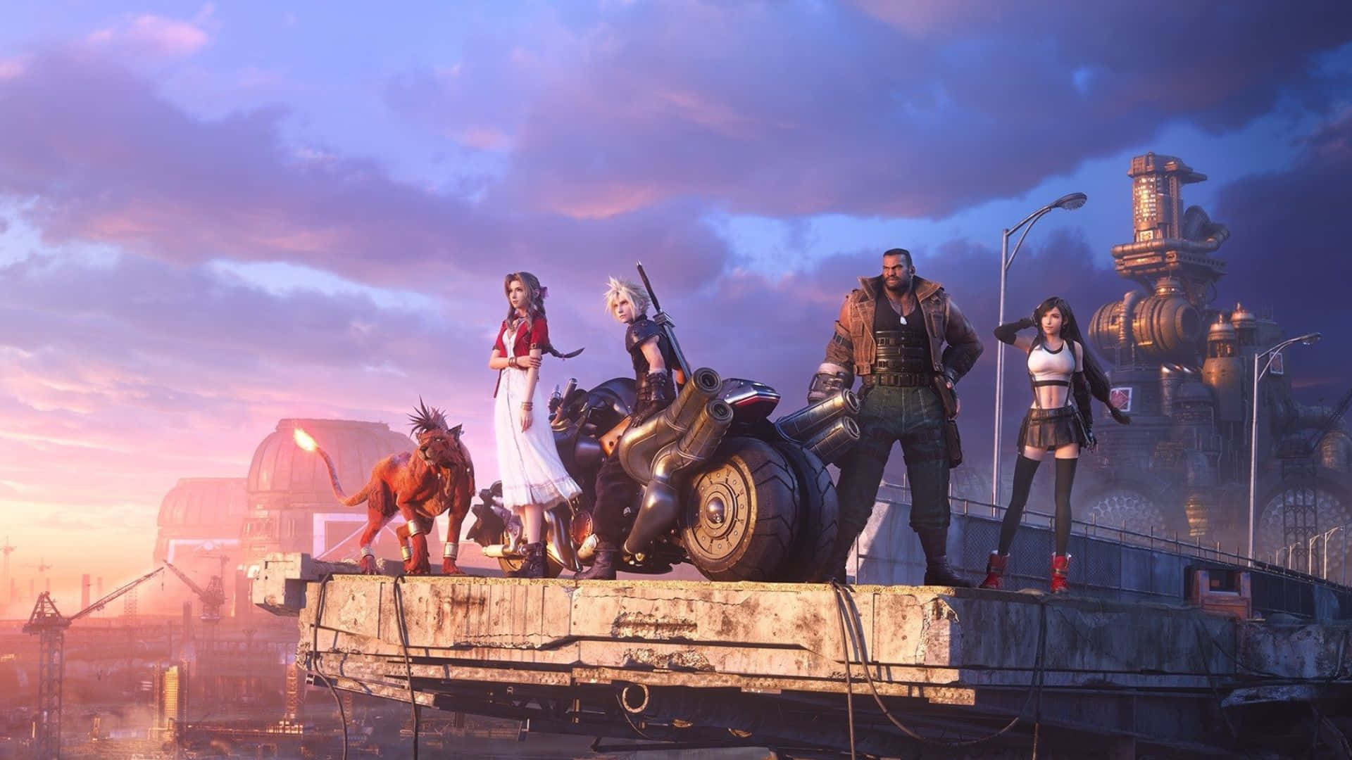 Aerith Gainsborough, sunset, rooftop, Full HD Desktop Wallpaper