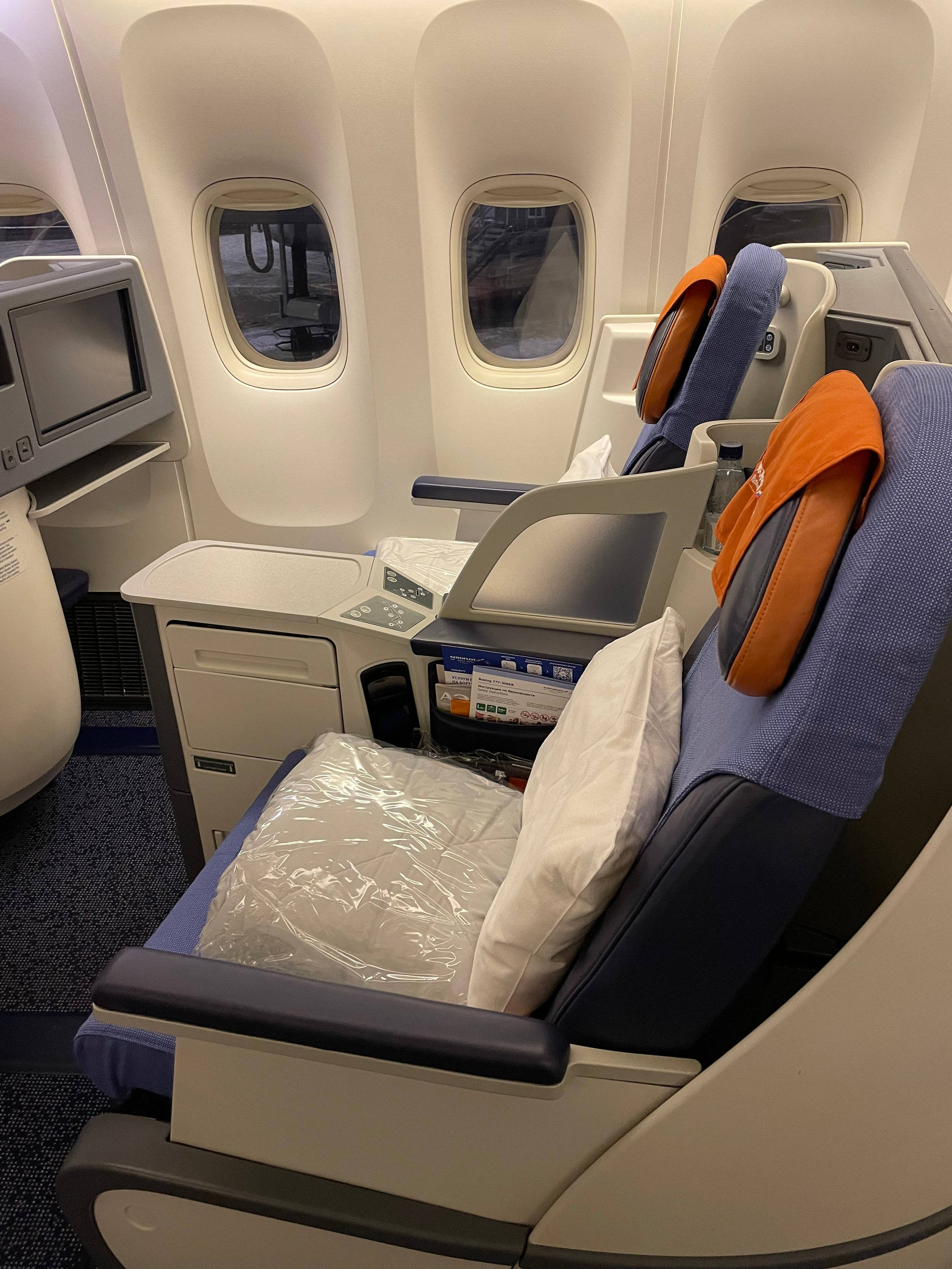 Aeroflot, business class seat, blue upholstery, 2K Phone Wallpaper