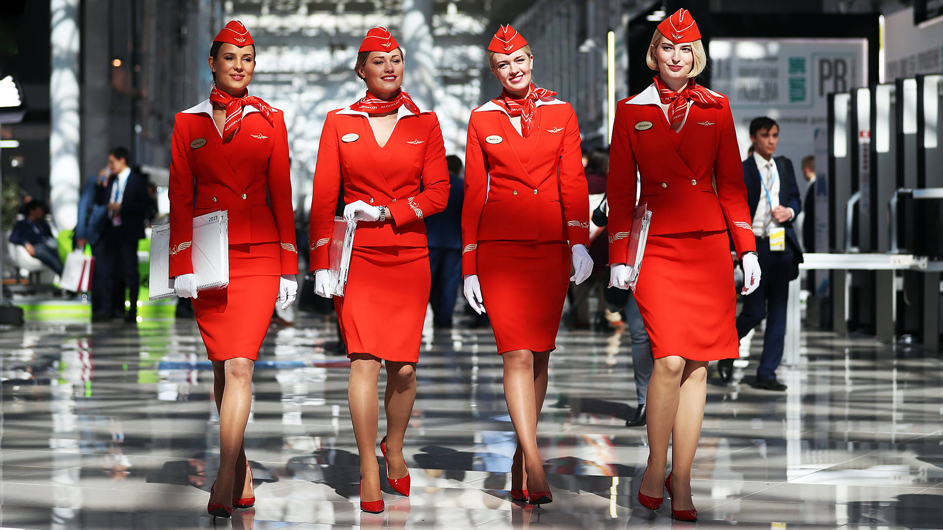 Aeroflot, red uniforms, polished airport terminal hallway, Full HD Desktop Wallpaper