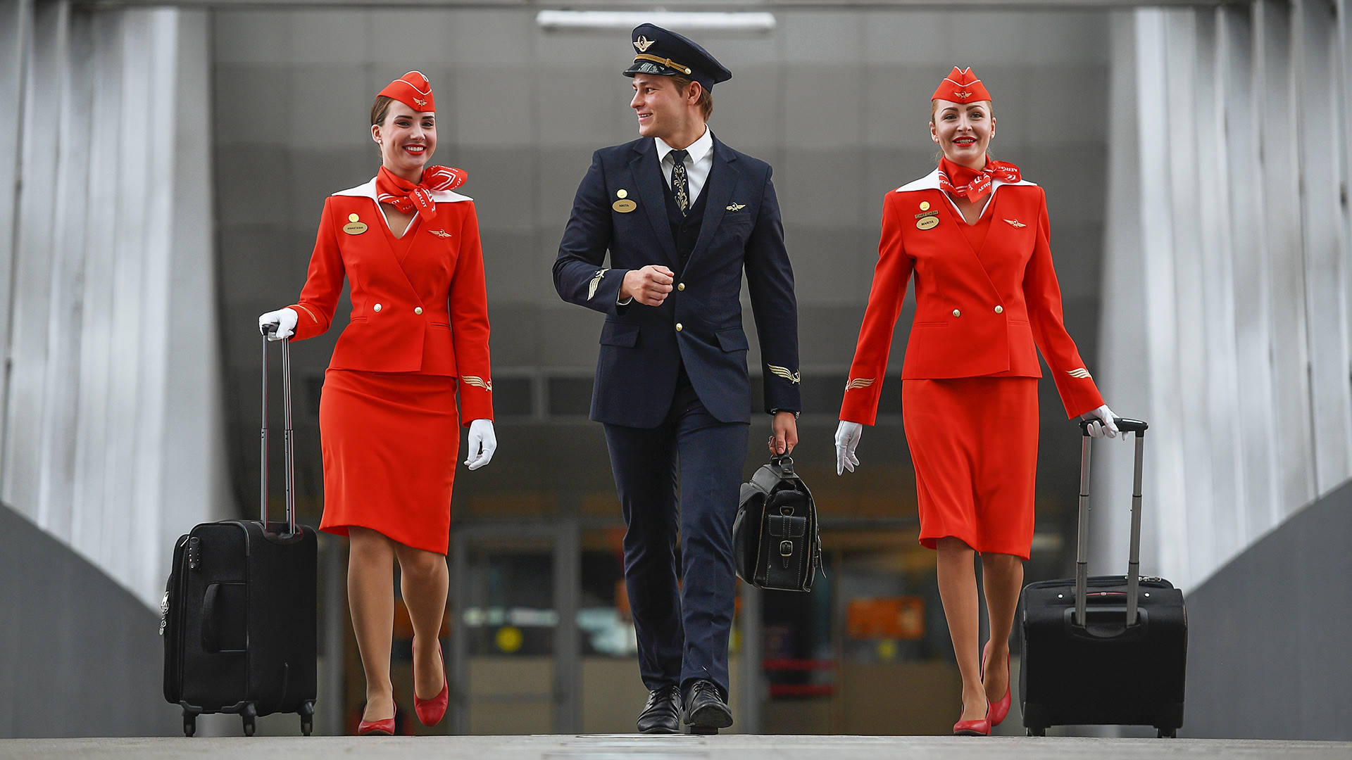 Aeroflot, red uniforms, modern airport terminal, Full HD Desktop Wallpaper