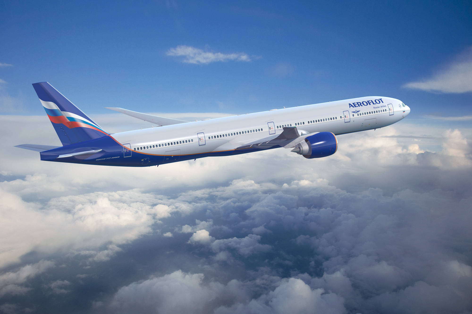 Aeroflot, airplane, fluffy white clouds, Full HD Desktop Wallpaper