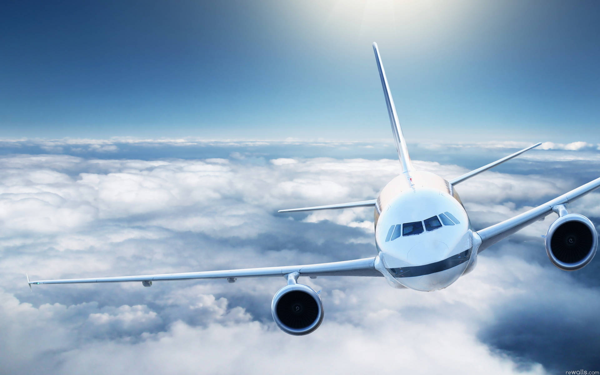 Aeroplane, white passenger jet, fluffy clouds, Full HD Desktop Wallpaper