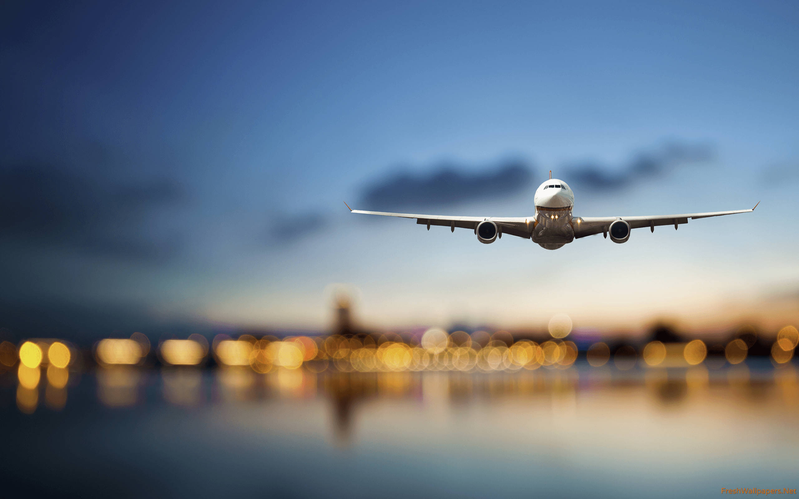 passenger jet, dusk, water, 2K Desktop Wallpaper