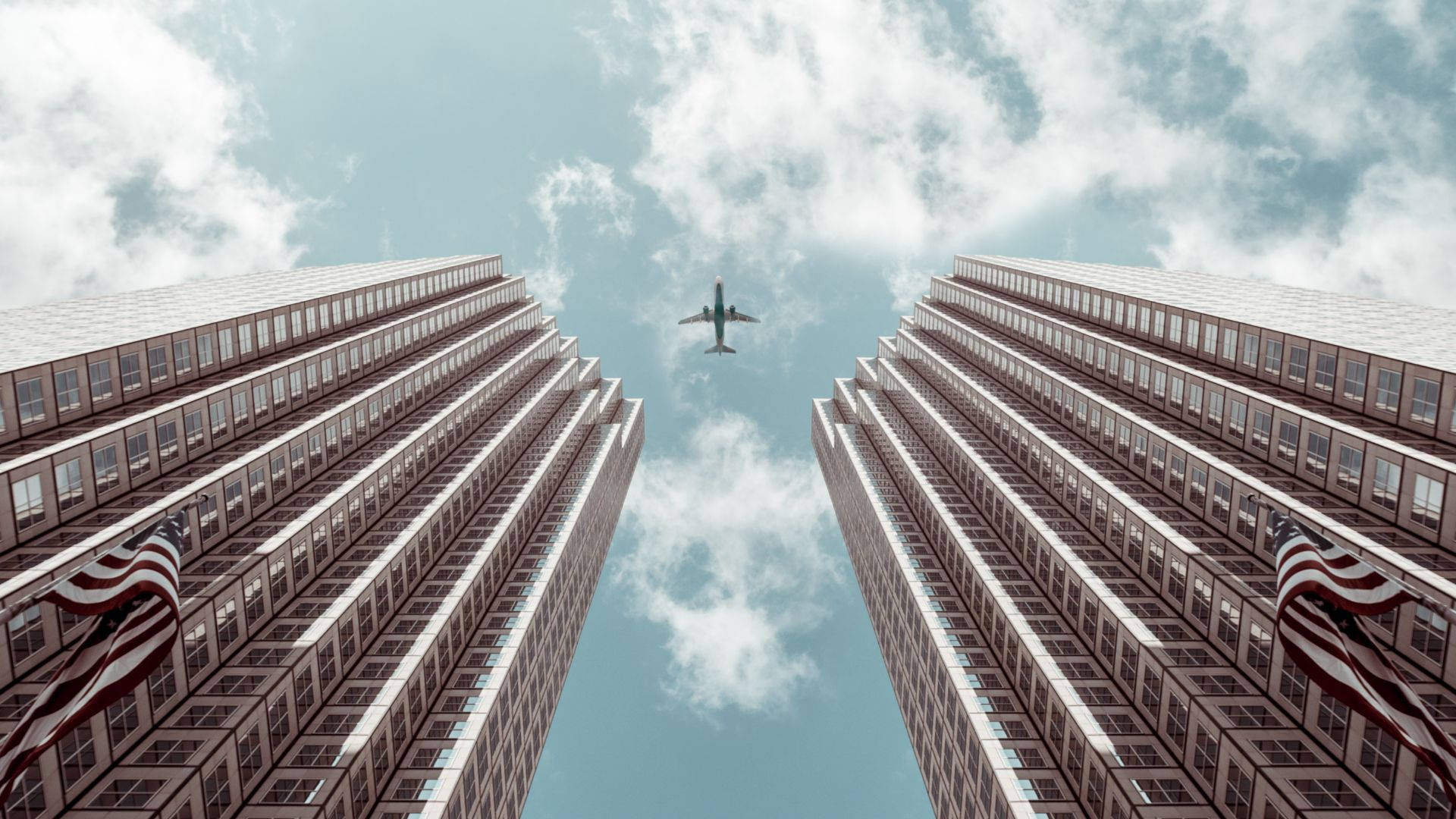 tall buildings, aeroplane, low-angle view, Full HD Desktop Wallpaper
