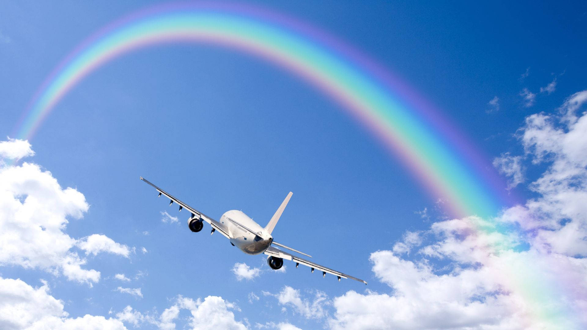 white passenger jet, vivid rainbow, bright blue sky, Full HD Desktop Wallpaper