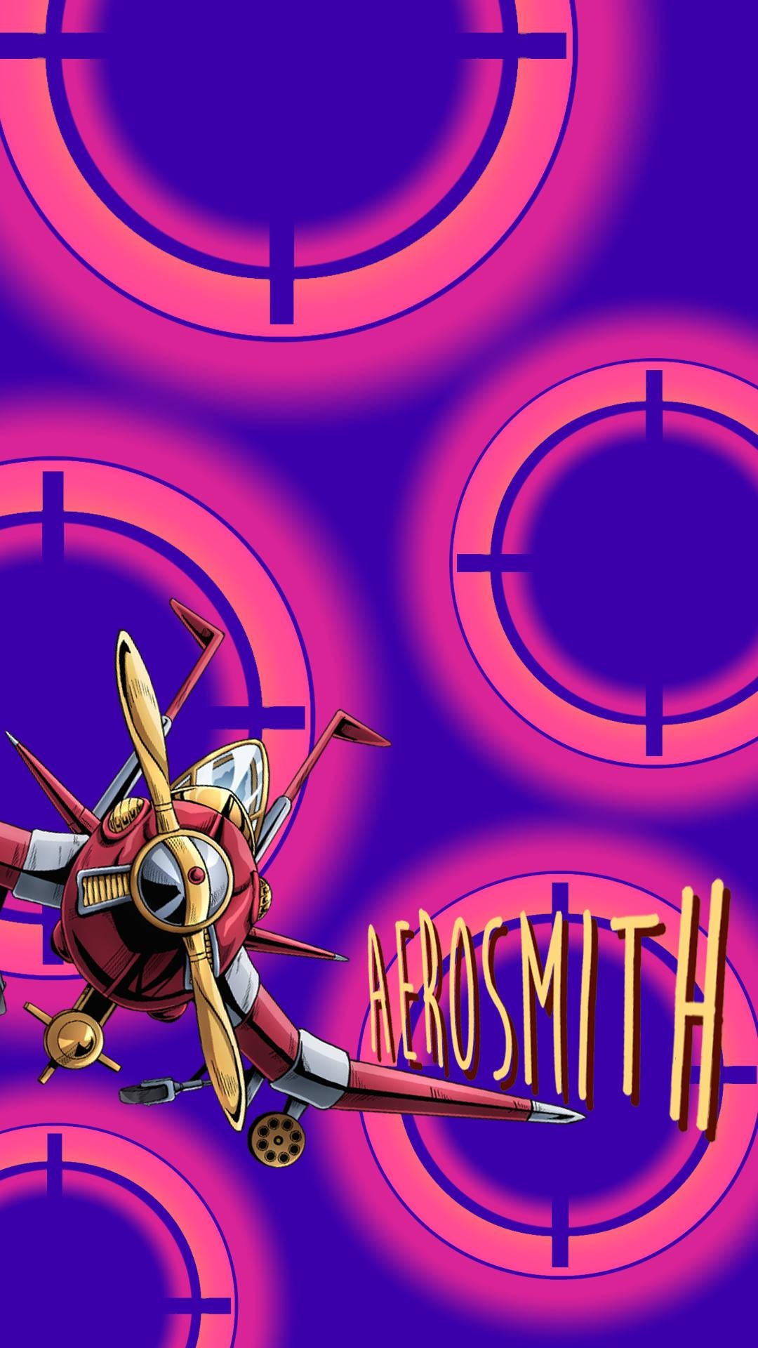 Aerosmith, red and gold cartoon airplane, purple and pink target-patterned background, Full HD Phone Wallpaper