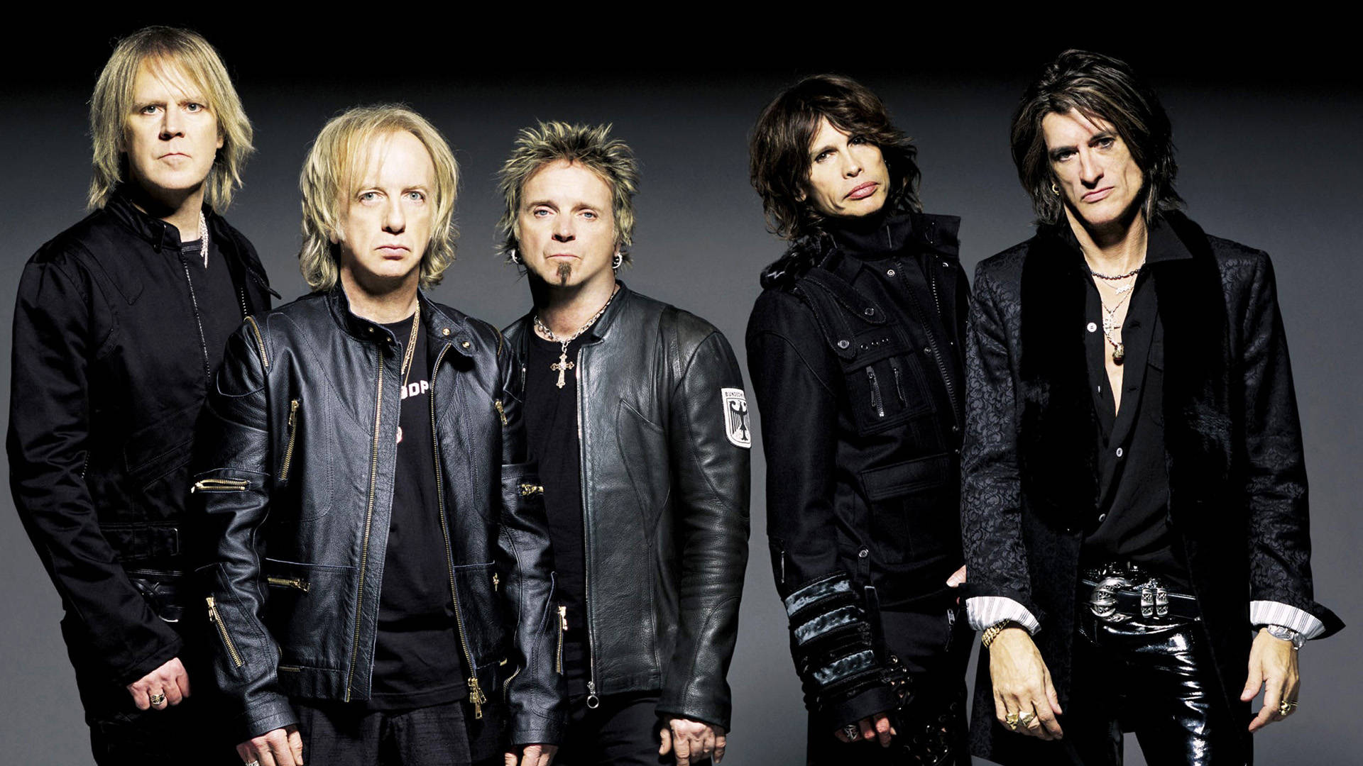 Aerosmith, black leather jackets, dark studio backdrop, Full HD Desktop Wallpaper