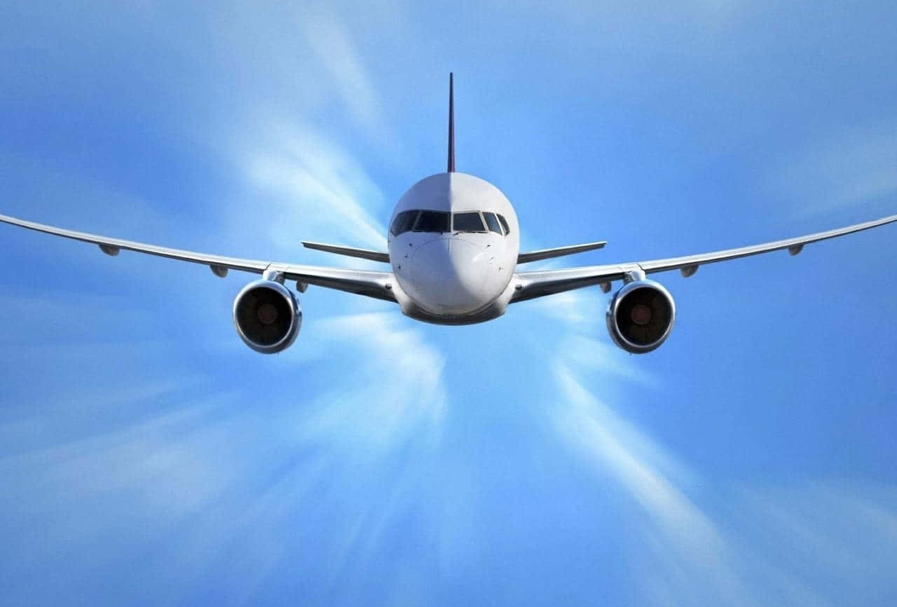 white passenger jet, vibrant blue sky, sun rays, HD Desktop Wallpaper
