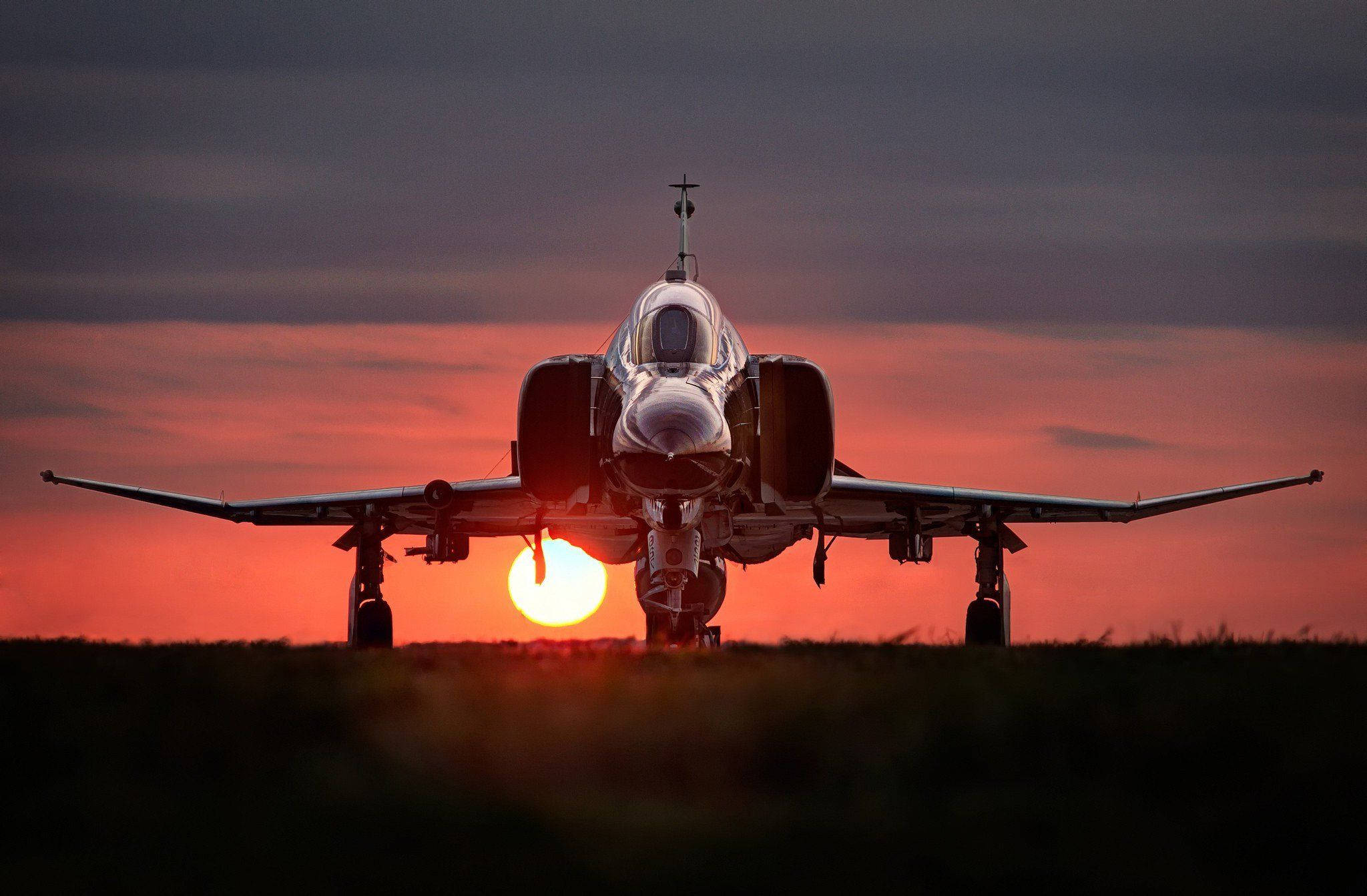 fighter jet, fiery sunset, sun glowing behind its nose, Full HD Desktop Wallpaper