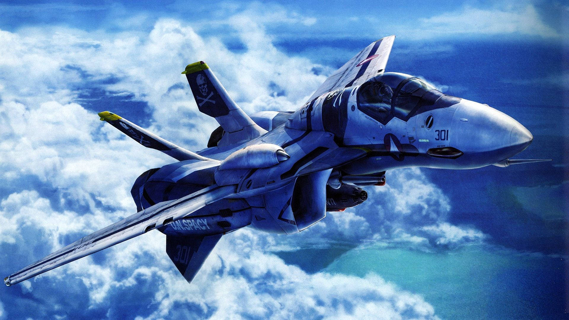 fighter jet, skull decals, bright blue skies, Full HD Desktop Wallpaper