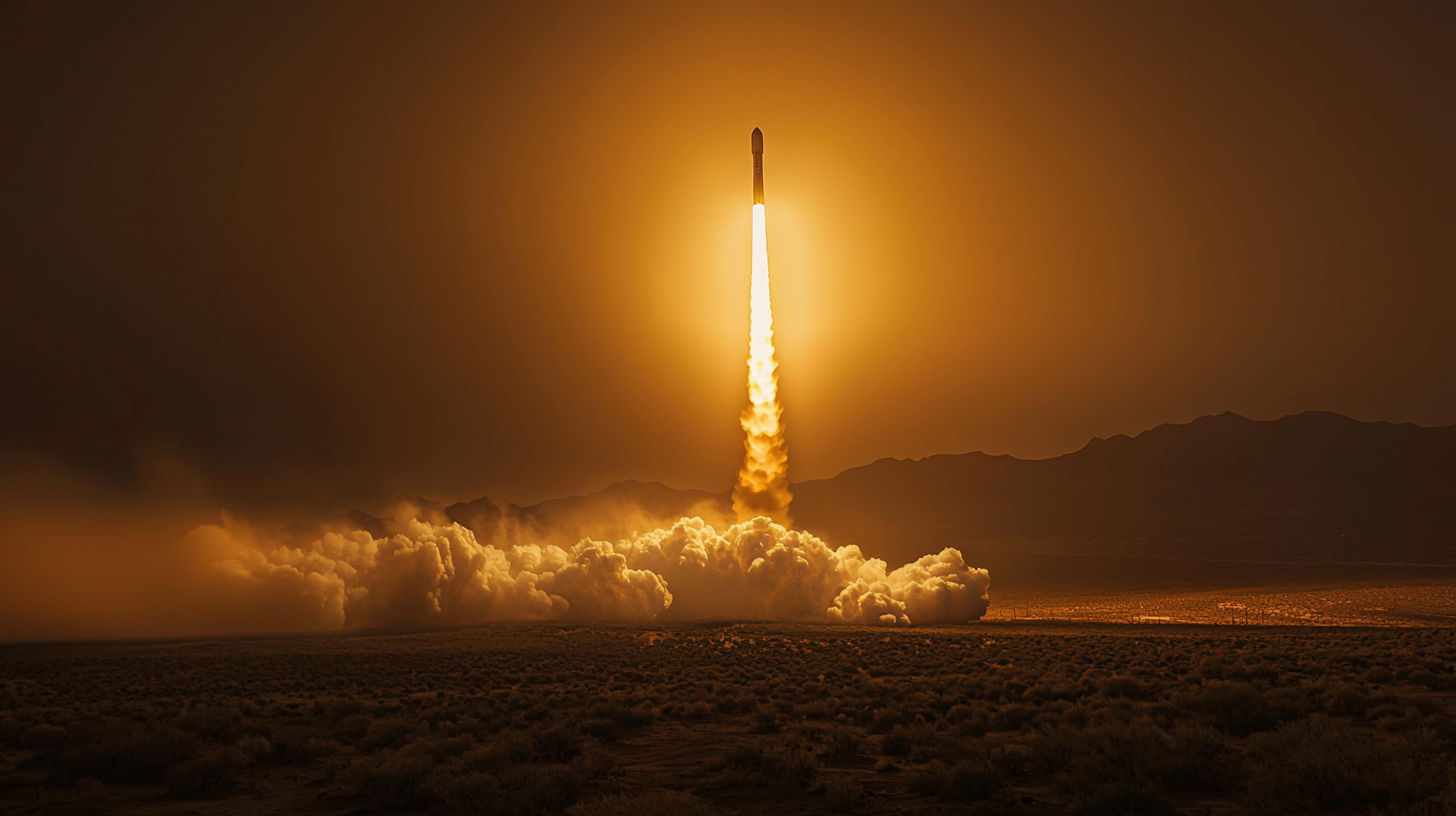 rocket, golden dusk sky, fiery exhaust trail, 8K Desktop Wallpaper