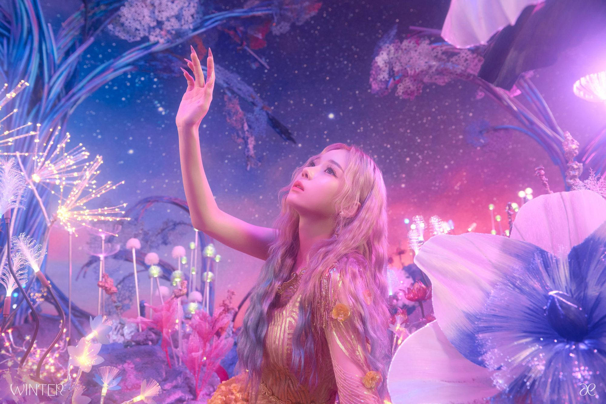 Aespa, long blonde hair, surreal garden, Full HD Desktop Wallpaper