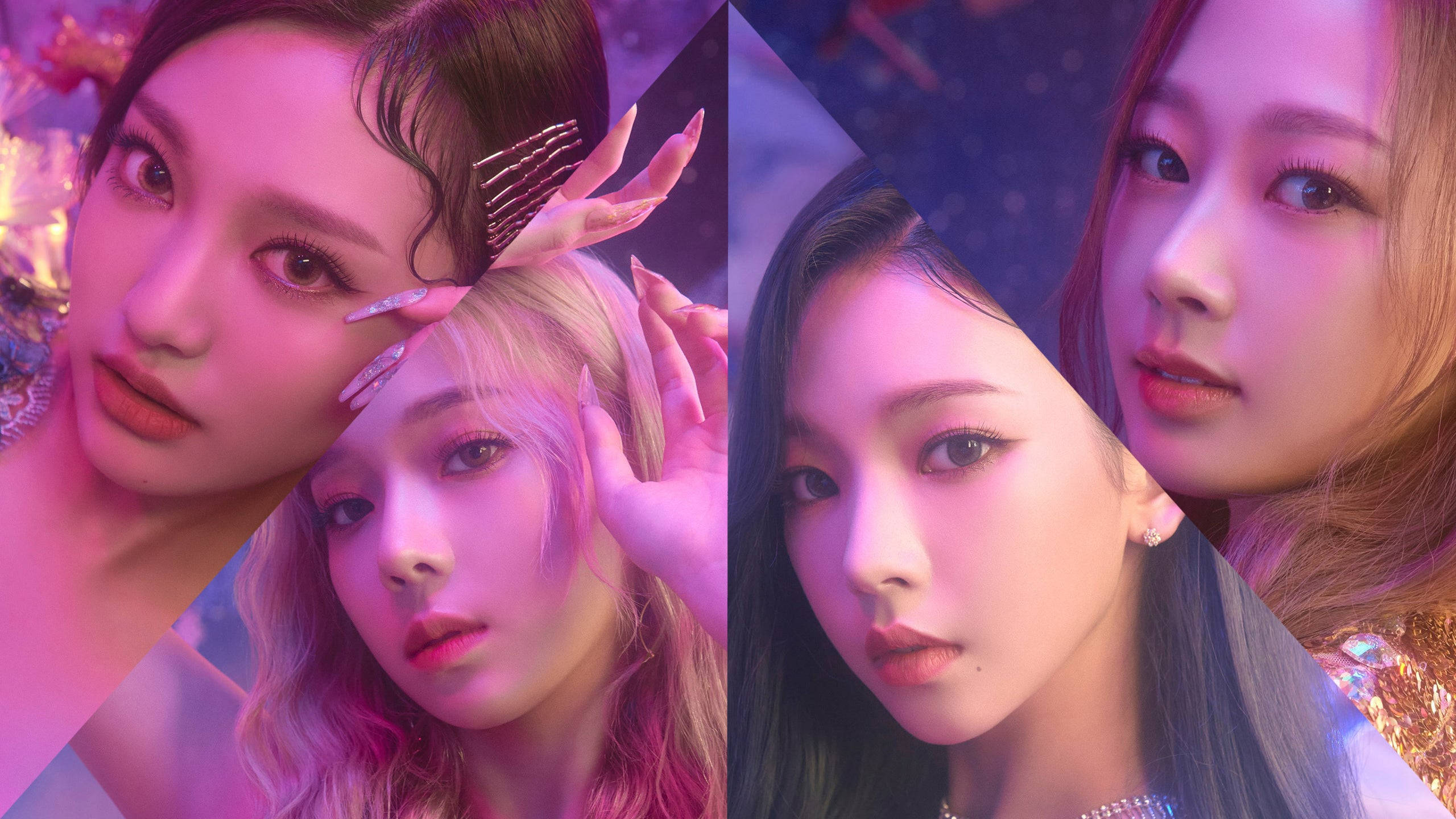 Aespa, glowing pink purple lighting, stylized makeup, 2K Desktop Wallpaper