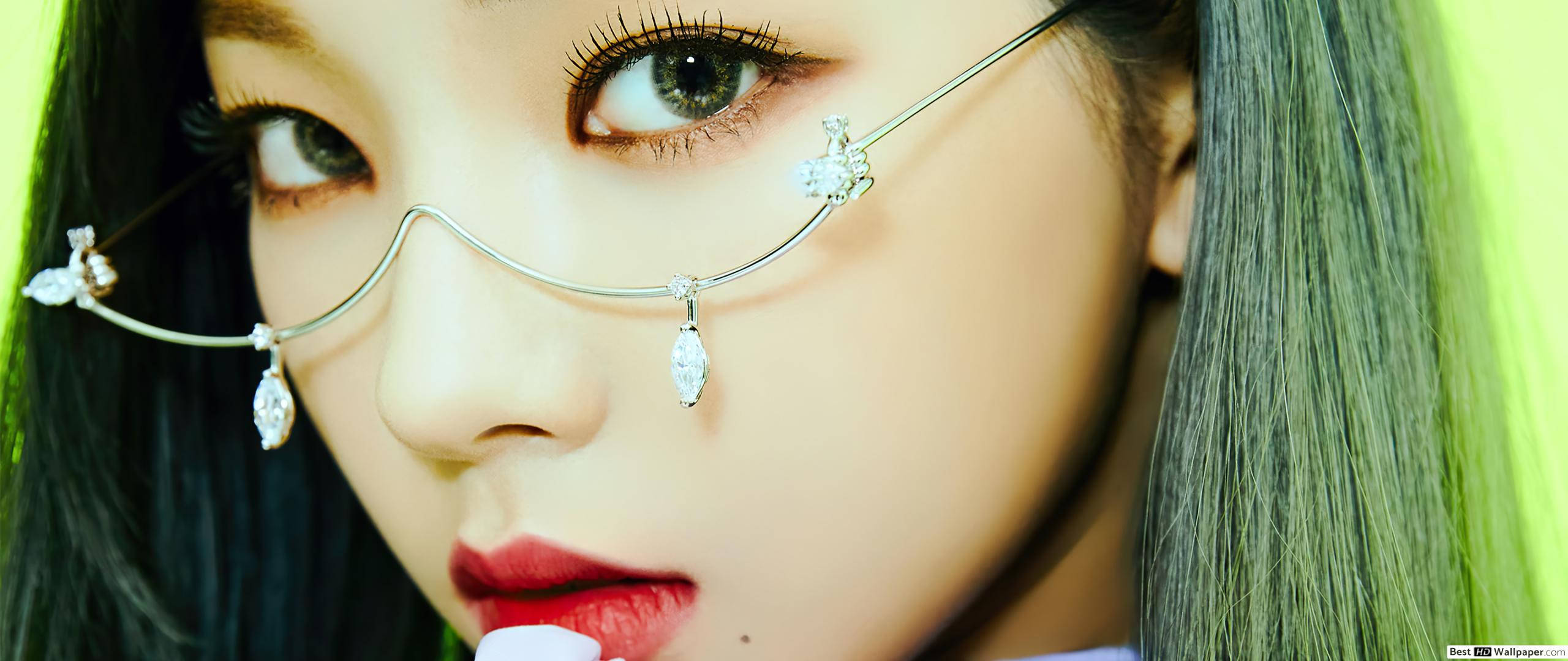 Aespa, green eyes, ornate jeweled glasses, 2K Desktop Wallpaper