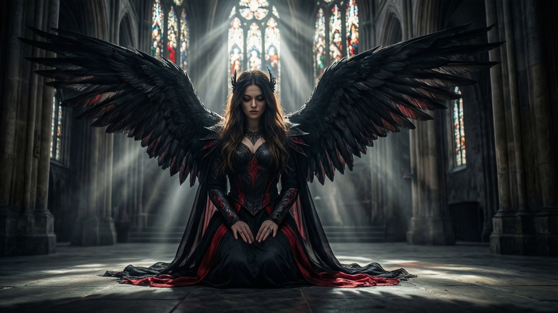 gothic cathedral, angel, stained glass light, Full HD Desktop Wallpaper