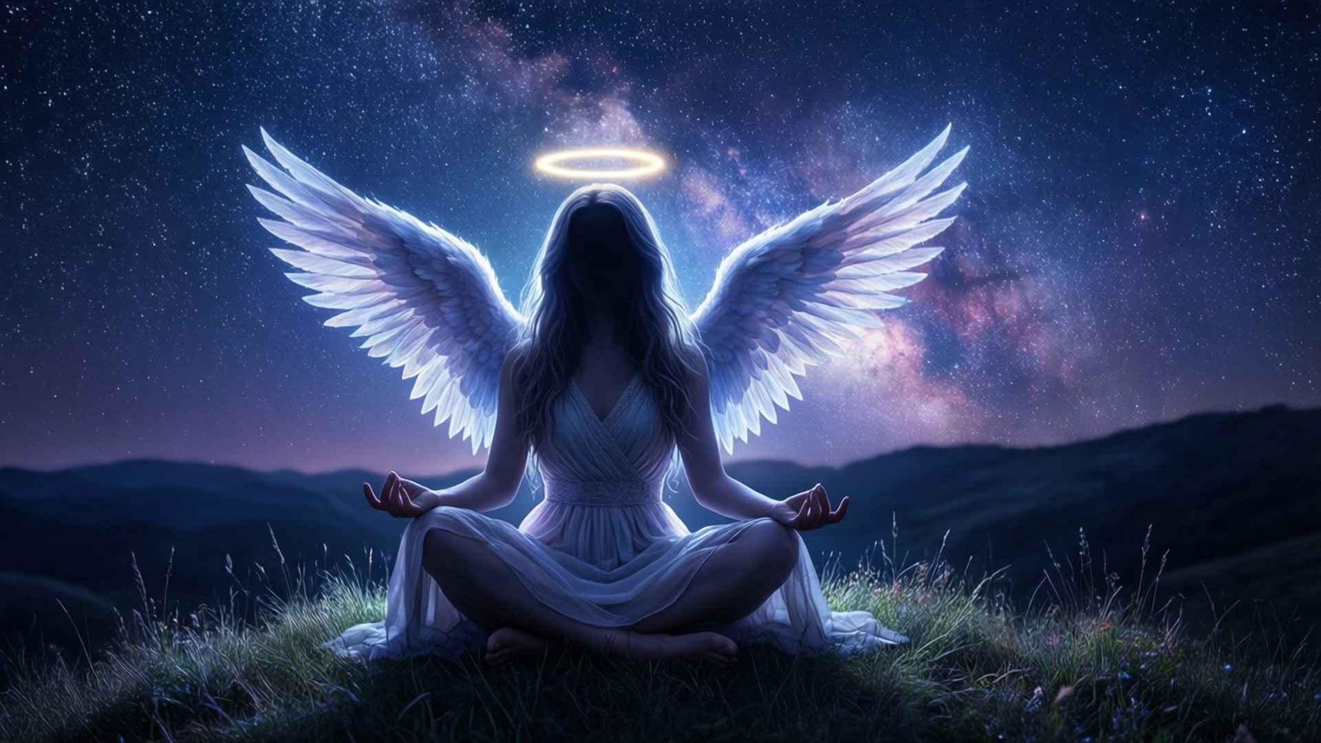 Starlit Angel Contemplation, glowing wings, halo, Full HD Desktop Wallpaper