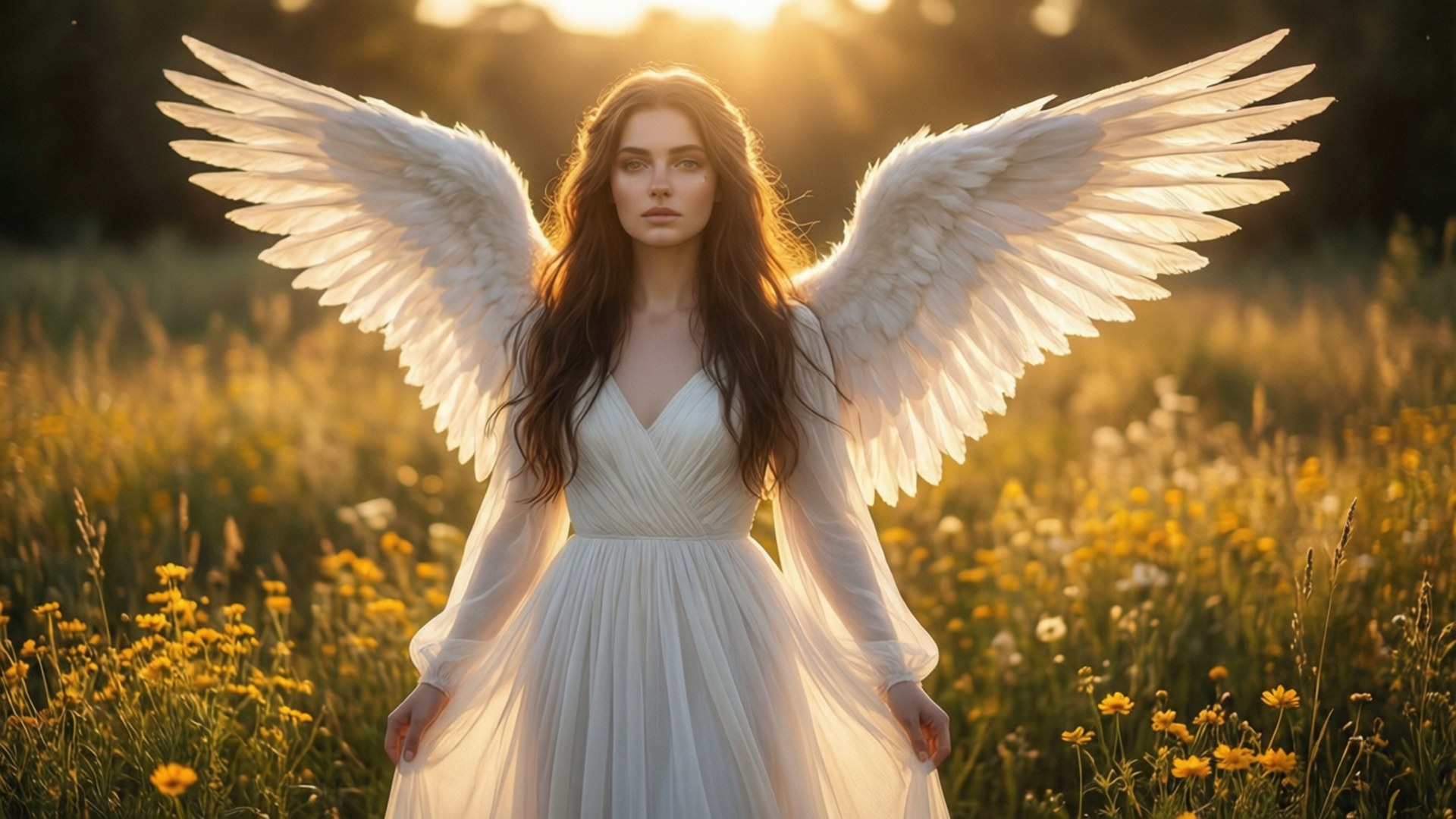 Golden Sunset Angel, sunlit field, golden wildflowers, Full HD Desktop Wallpaper