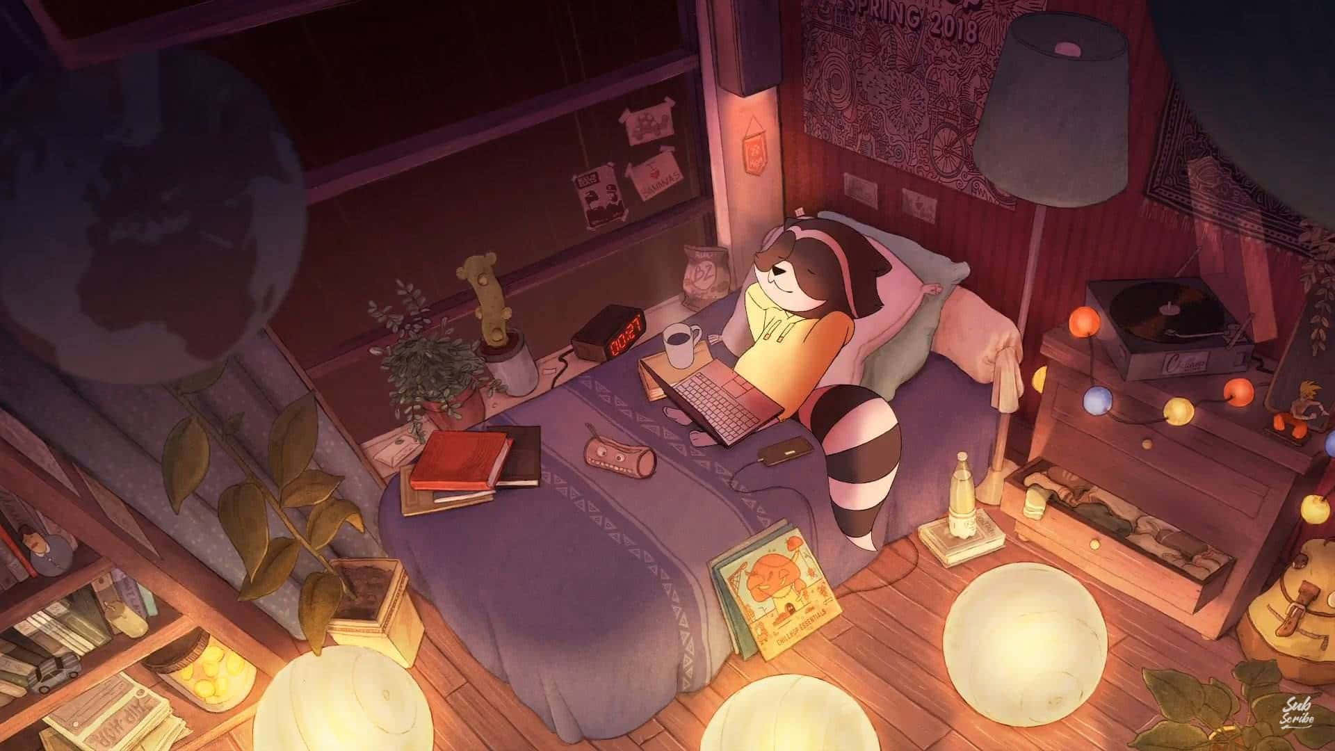 raccoon, lofi anime room, bedroom, Full HD Desktop Wallpaper