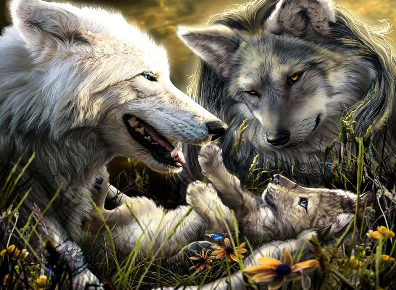 wolf cubs, white adult wolf, gray wolf, SD Desktop Wallpaper