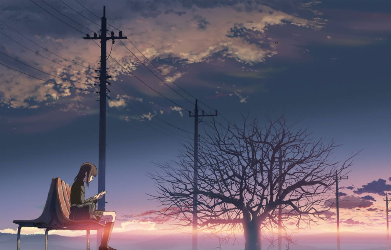 anime girl, twilight sky, bench, HD Desktop Wallpaper