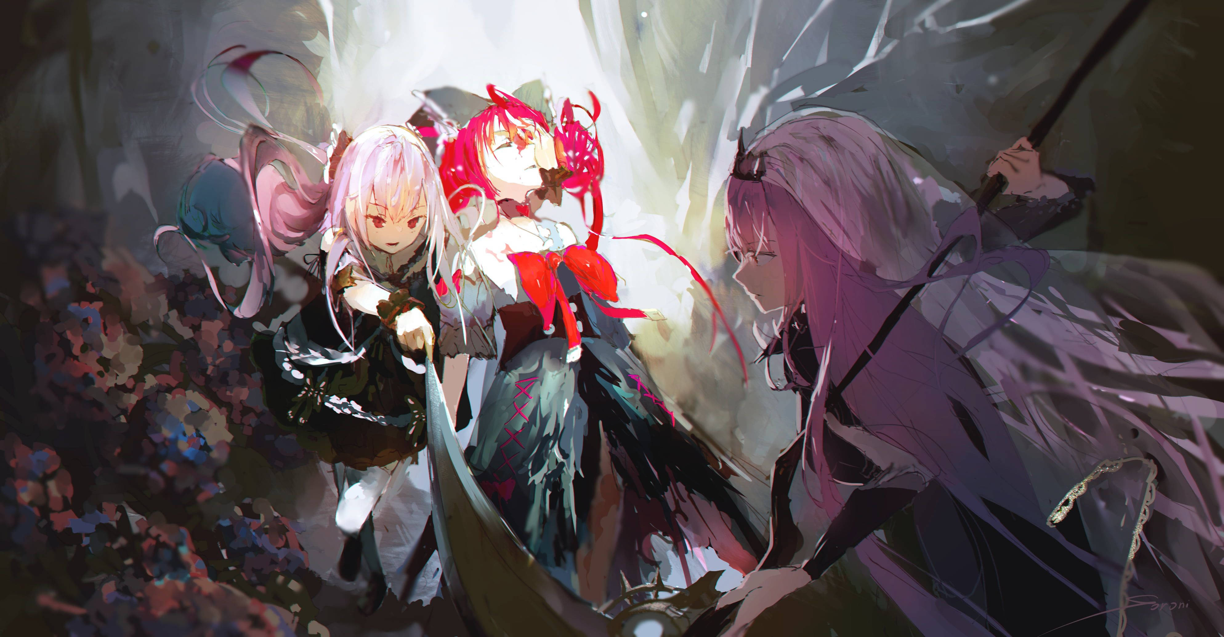 Necromantic Aesthetic Anime Art Desktop, anime girls, dynamic combat poses, 4K Desktop Wallpaper