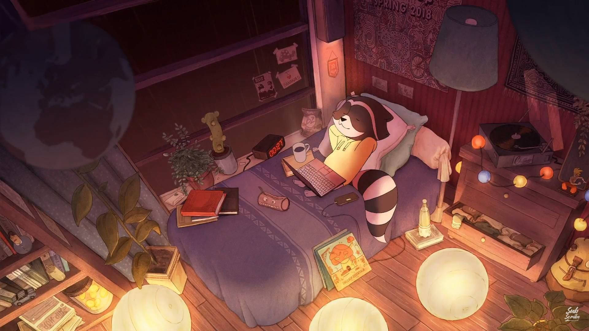 lofi raccoon, warmly lit bedroom, books, Full HD Desktop Wallpaper
