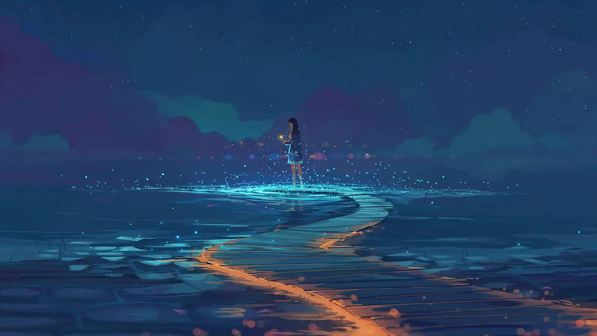 Sea Lights, glowing path, starlit ocean, Full HD Desktop Wallpaper