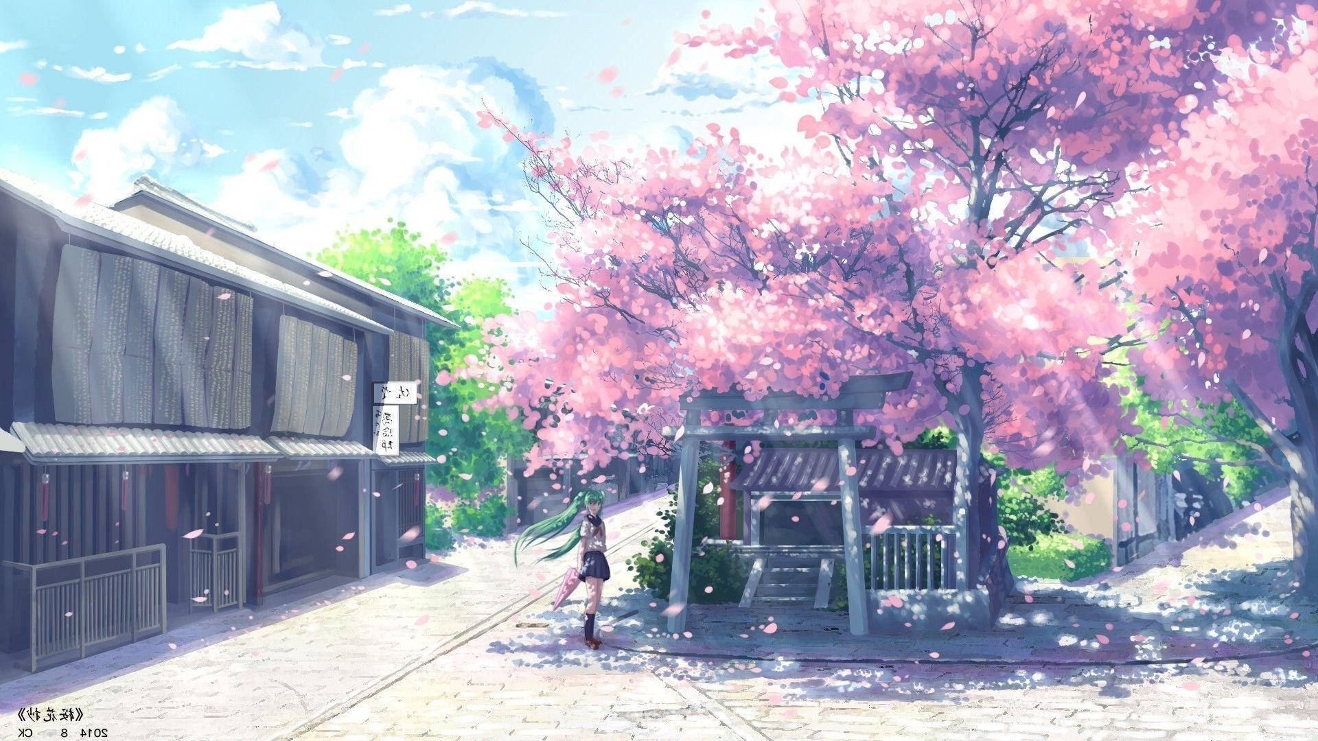 green-haired anime girl, blossoming pink cherry tree, traditional Japanese torii gate, Full HD Desktop Wallpaper