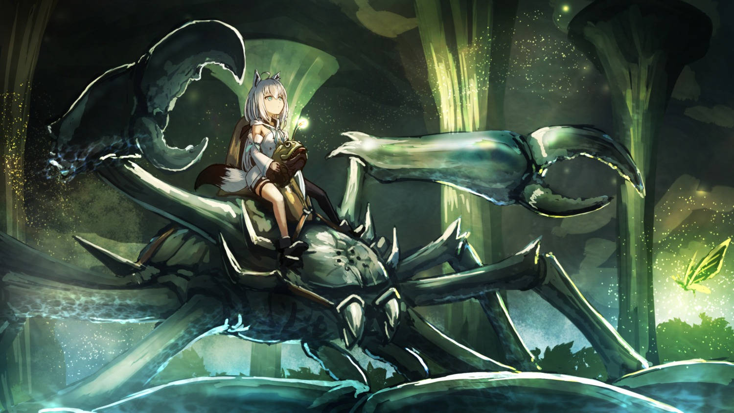 silver-haired anime girl, giant glowing green crab, mystical forest, HD Desktop Wallpaper