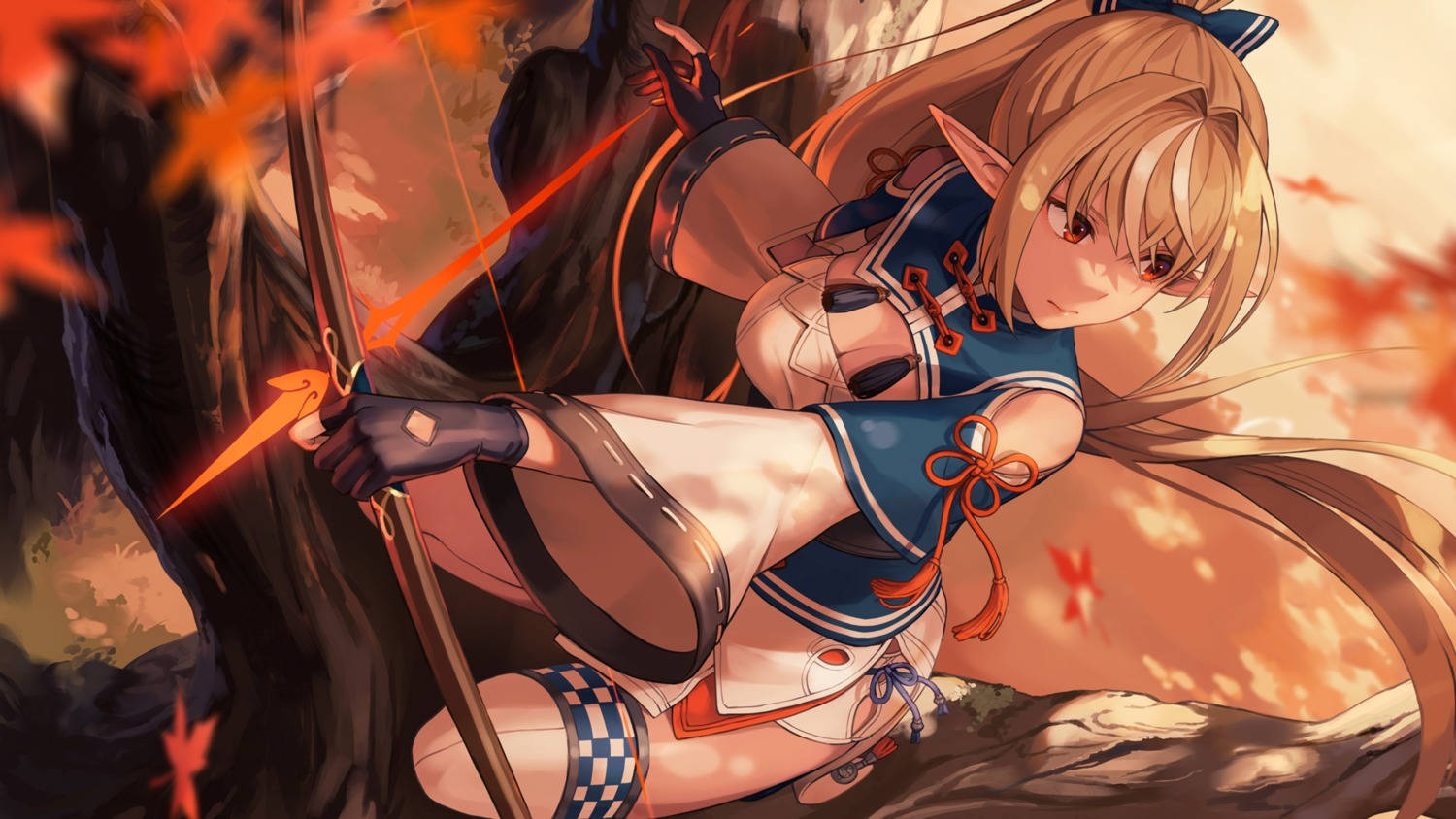 elf girl, long blonde hair, glowing orange bow, HD Desktop Wallpaper