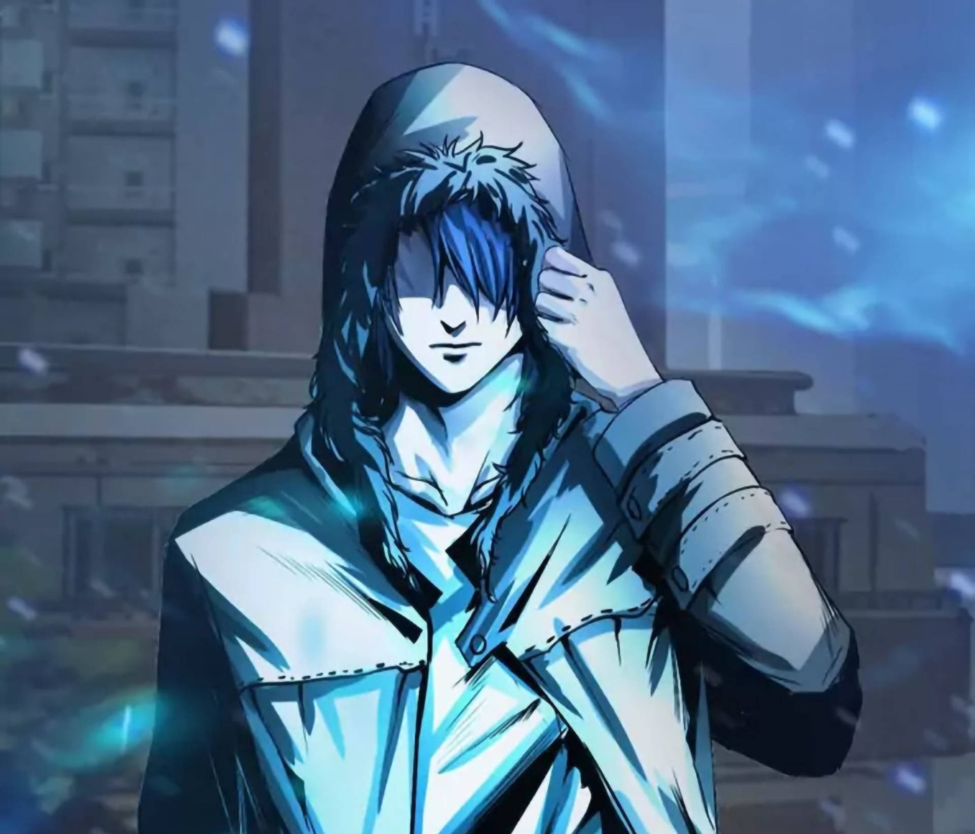 anime boy icon, blue hair, hooded jacket, Full HD Desktop Wallpaper