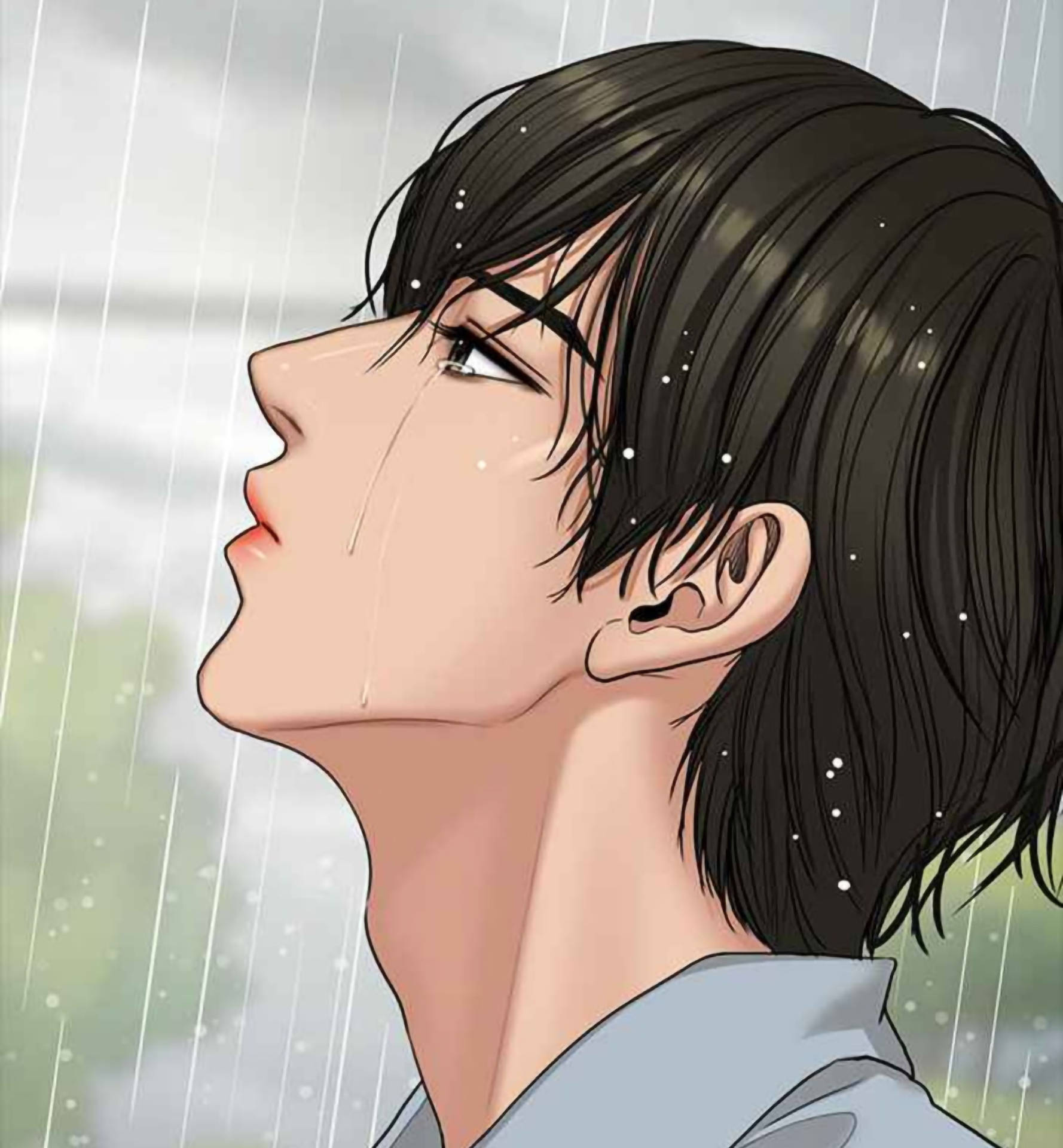 aesthetic anime boy icon, rain, side profile, Full HD Phone Wallpaper