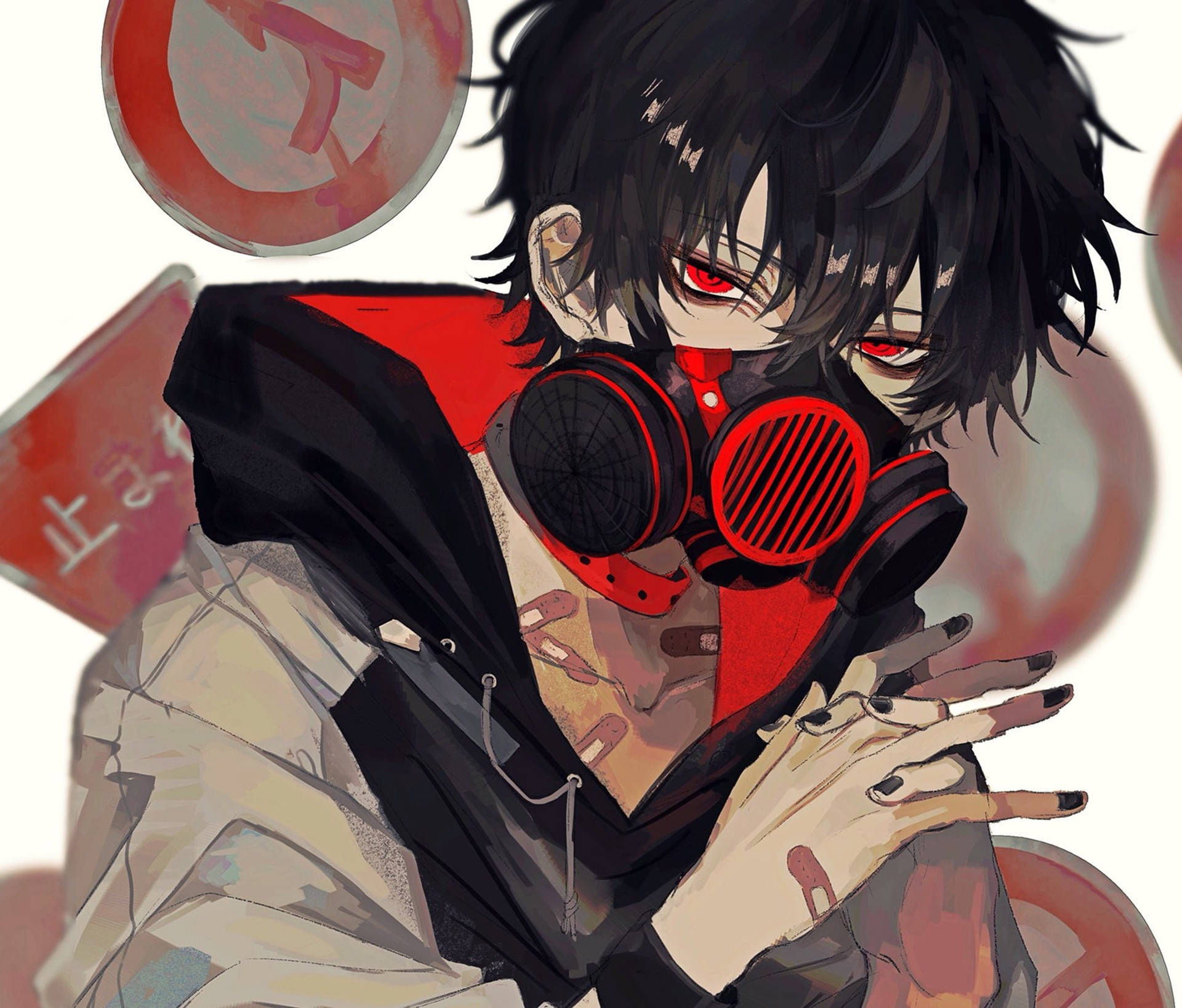 aesthetic anime boy icon, gas mask, red gas mask, Full HD Desktop Wallpaper