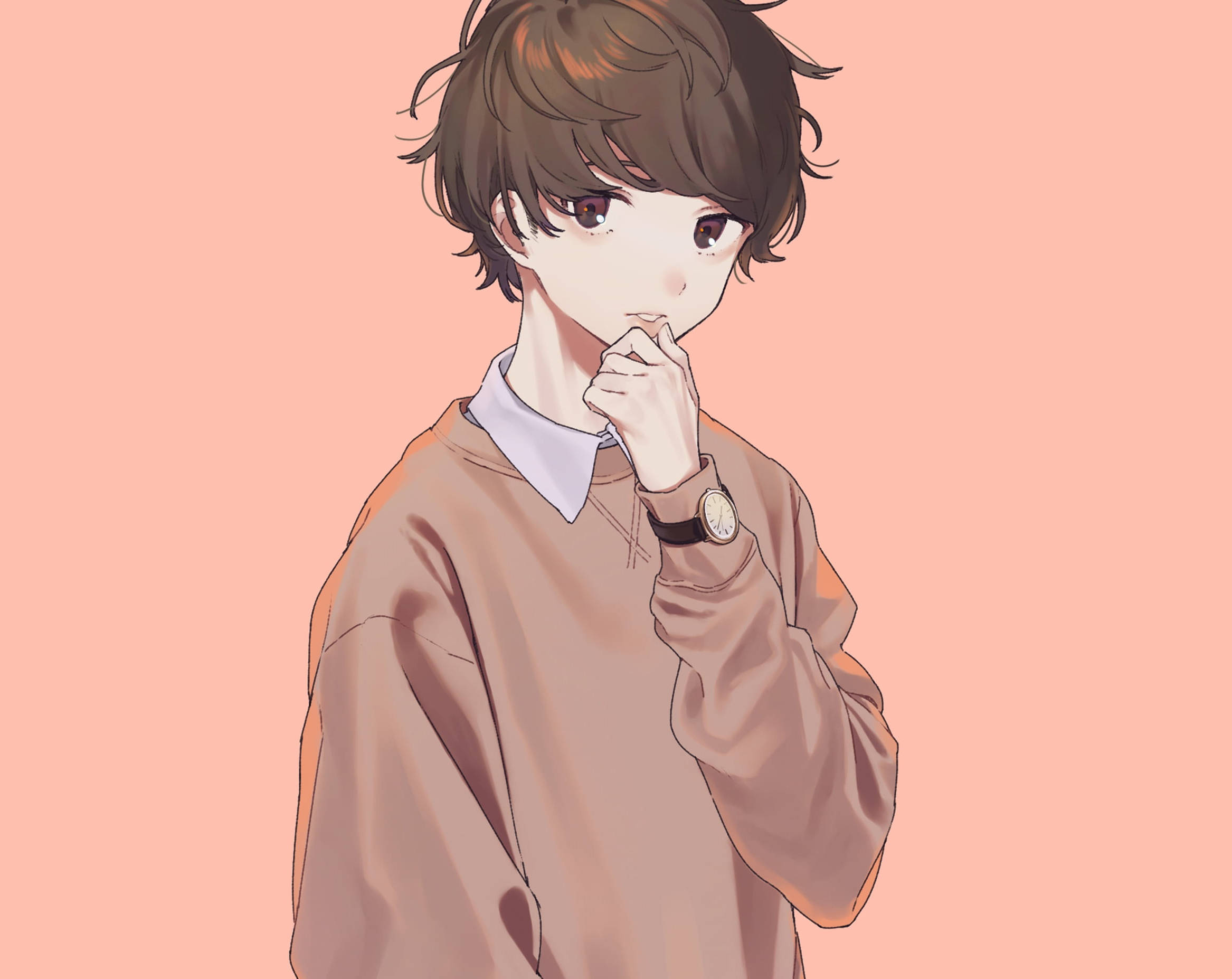 aesthetic anime boy icon, pink sweater, brown hair, Full HD Desktop Wallpaper