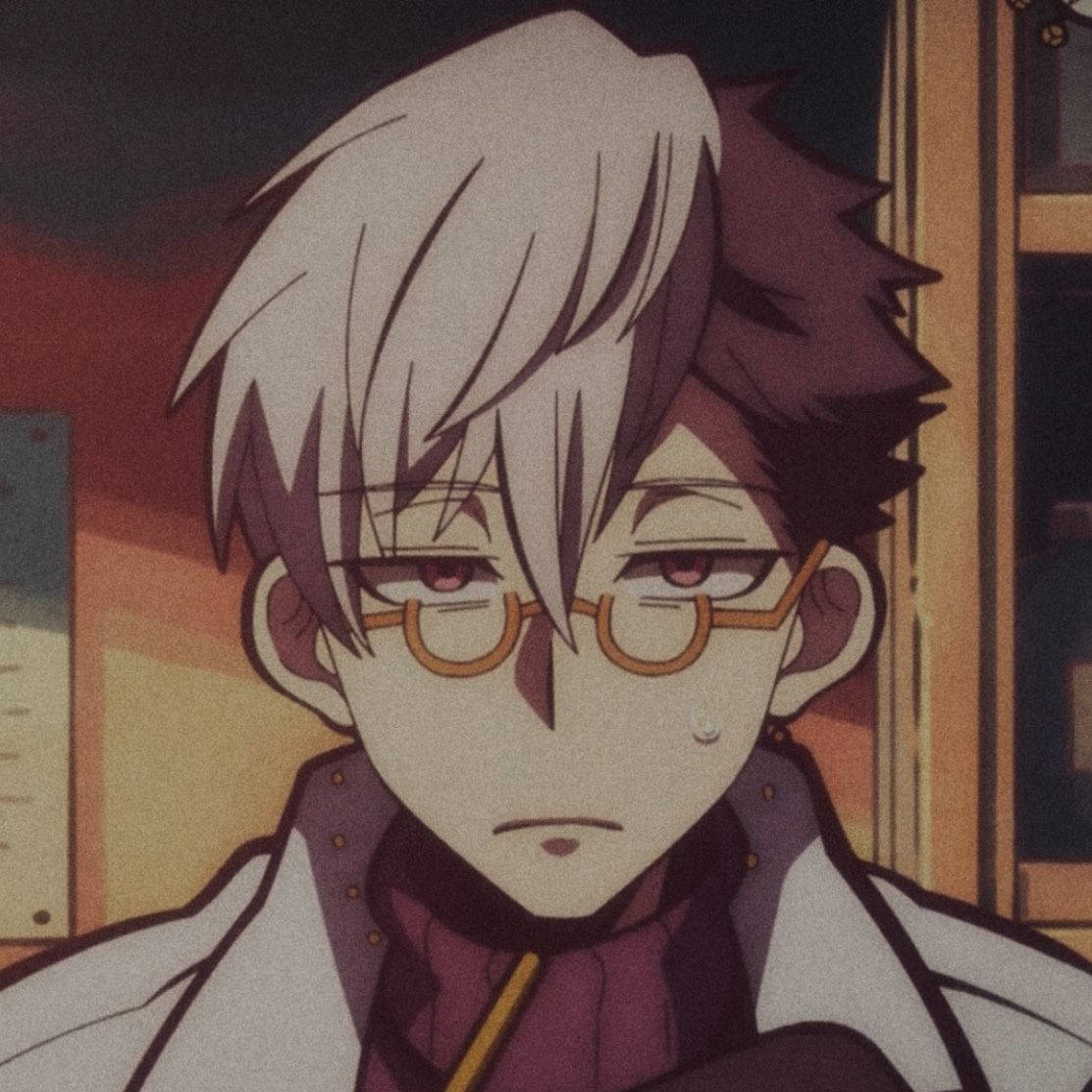 aesthetic anime boy icon, bored expression, white and dark hair, SD Desktop Wallpaper