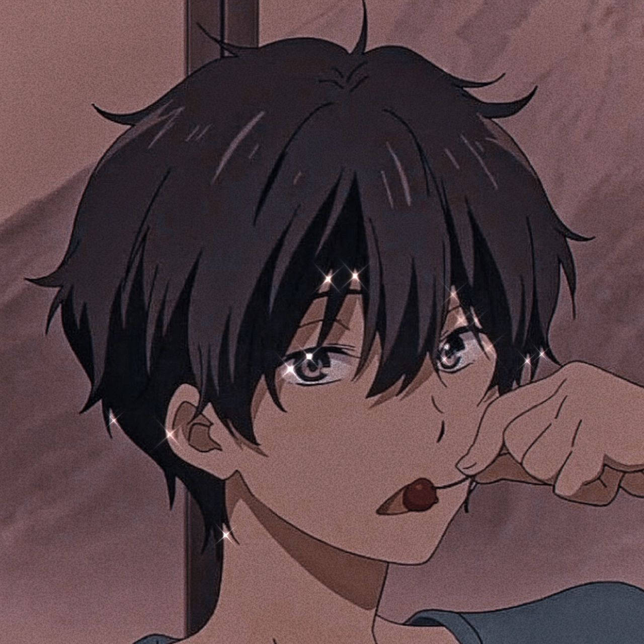 Aesthetic Anime Boy Icon, cherry sparkle, messy black hair, HD Desktop Wallpaper