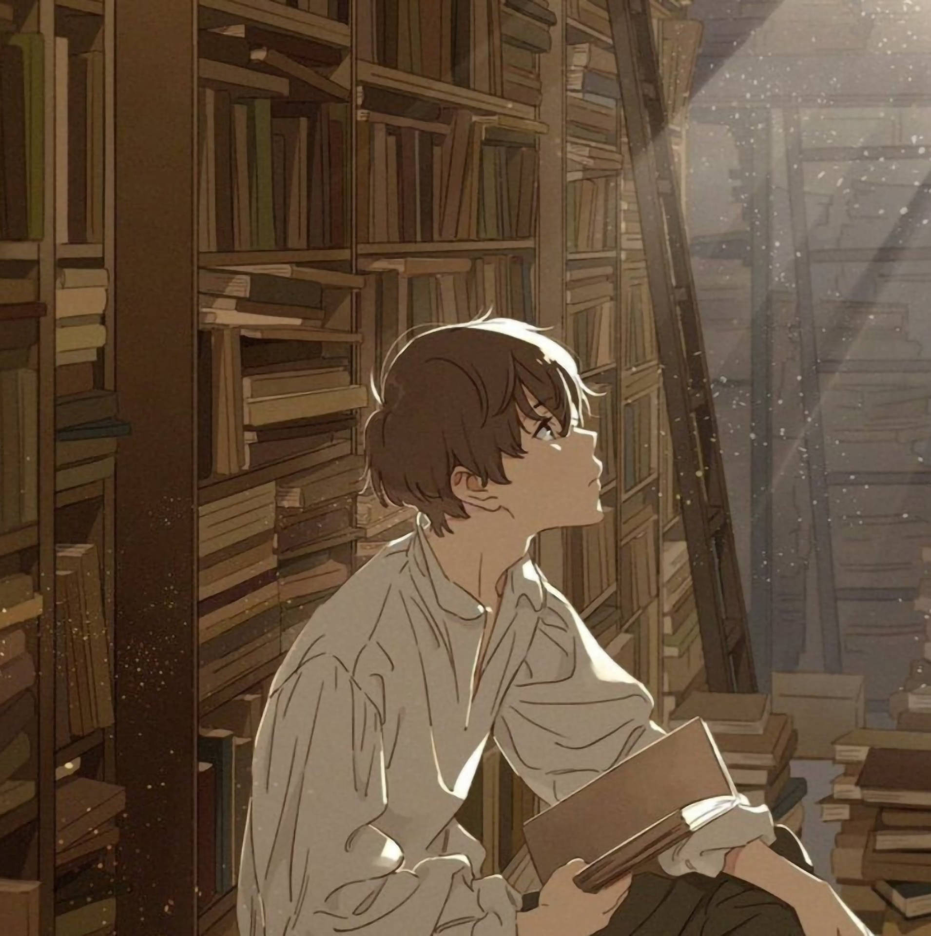 aesthetic anime boy icon, library, towering bookshelves, Full HD Phone Wallpaper