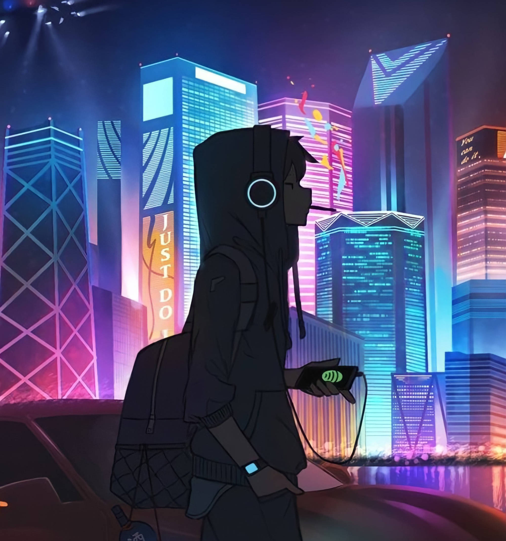 aesthetic anime boy icon, glowing headphones, neon-lit futuristic cityscape, Full HD Phone Wallpaper