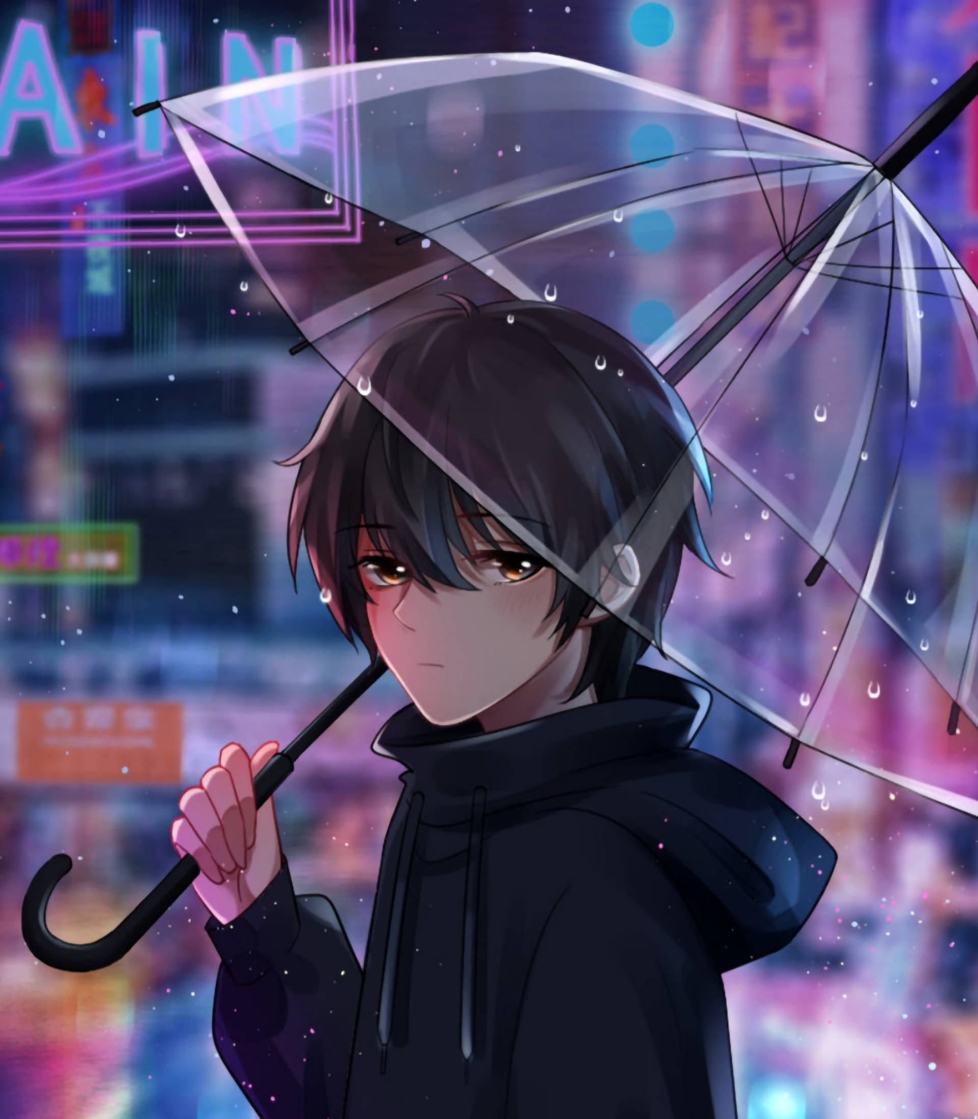 aesthetic anime boy icon, dark hair, clear umbrella, Full HD Phone Wallpaper