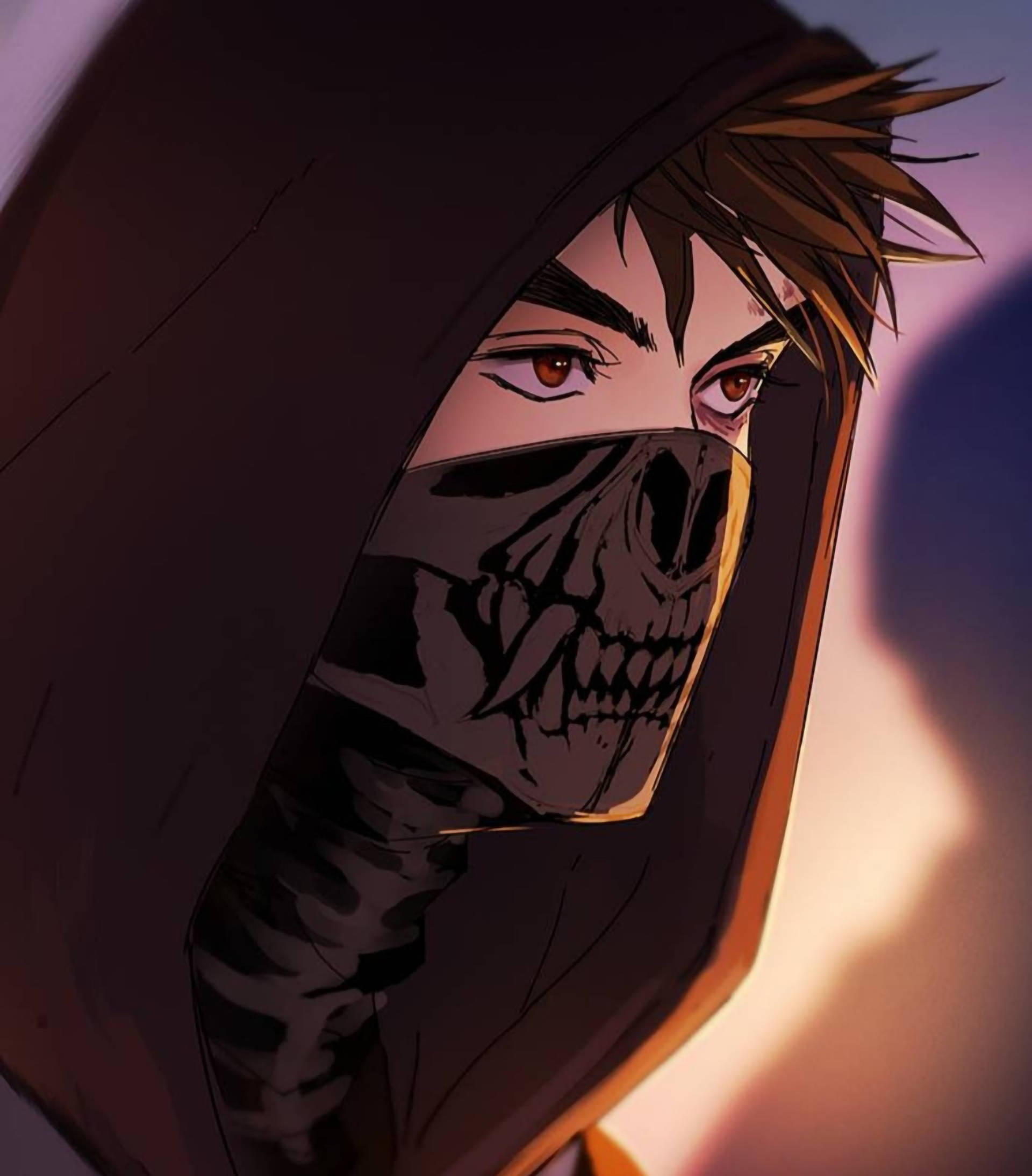 aesthetic anime boy icon, skeleton mask, hooded anime character, Full HD Phone Wallpaper