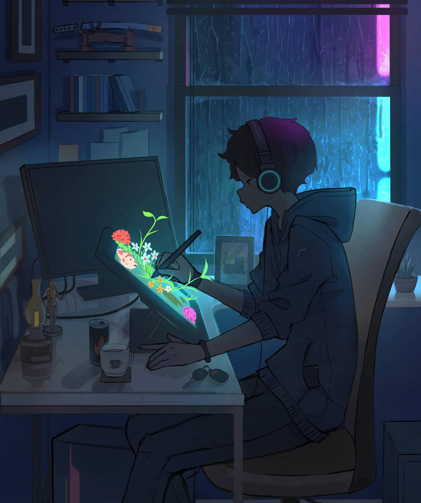 aesthetic anime boy icon, rainy night, glowing flowers, Full HD Phone Wallpaper