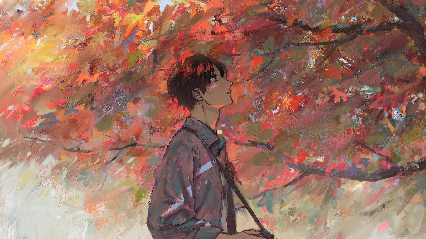 Aesthetic Anime Boy, red tree, autumn leaves, HD Desktop Wallpaper
