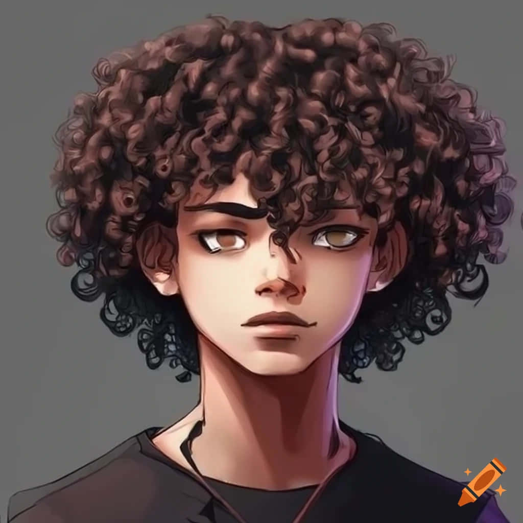 curly haired anime boy, voluminous dark brown curly hair, golden eyes, SD Desktop Wallpaper