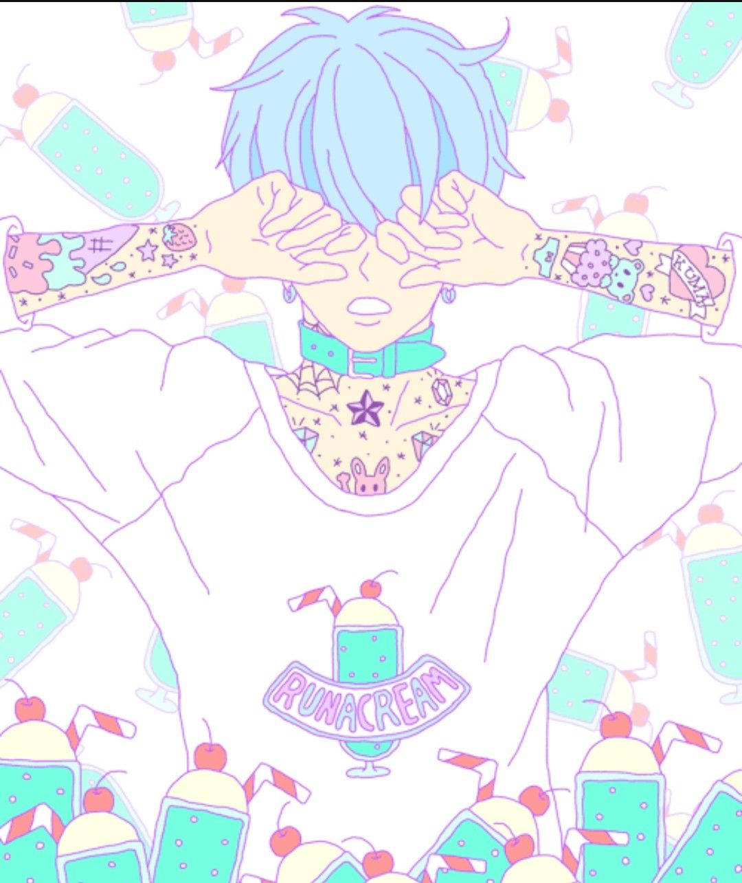blue haired aesthetic anime boy, cream, tattooed arms, HD Phone Wallpaper
